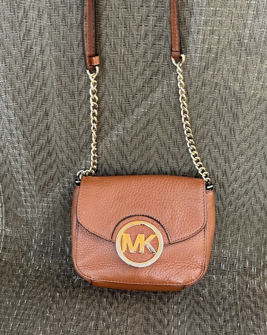 Michael Kors FULTON Tan Leather Chain Small Crossbody Bag