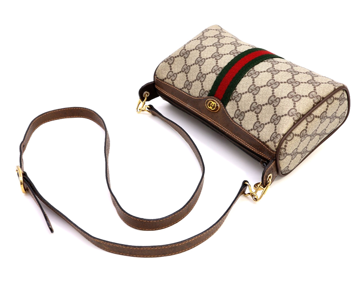 GUCCI VINTAGE Ophidia Shoulder Bag Web Stripe Logo Brown PVC Classic Authentic