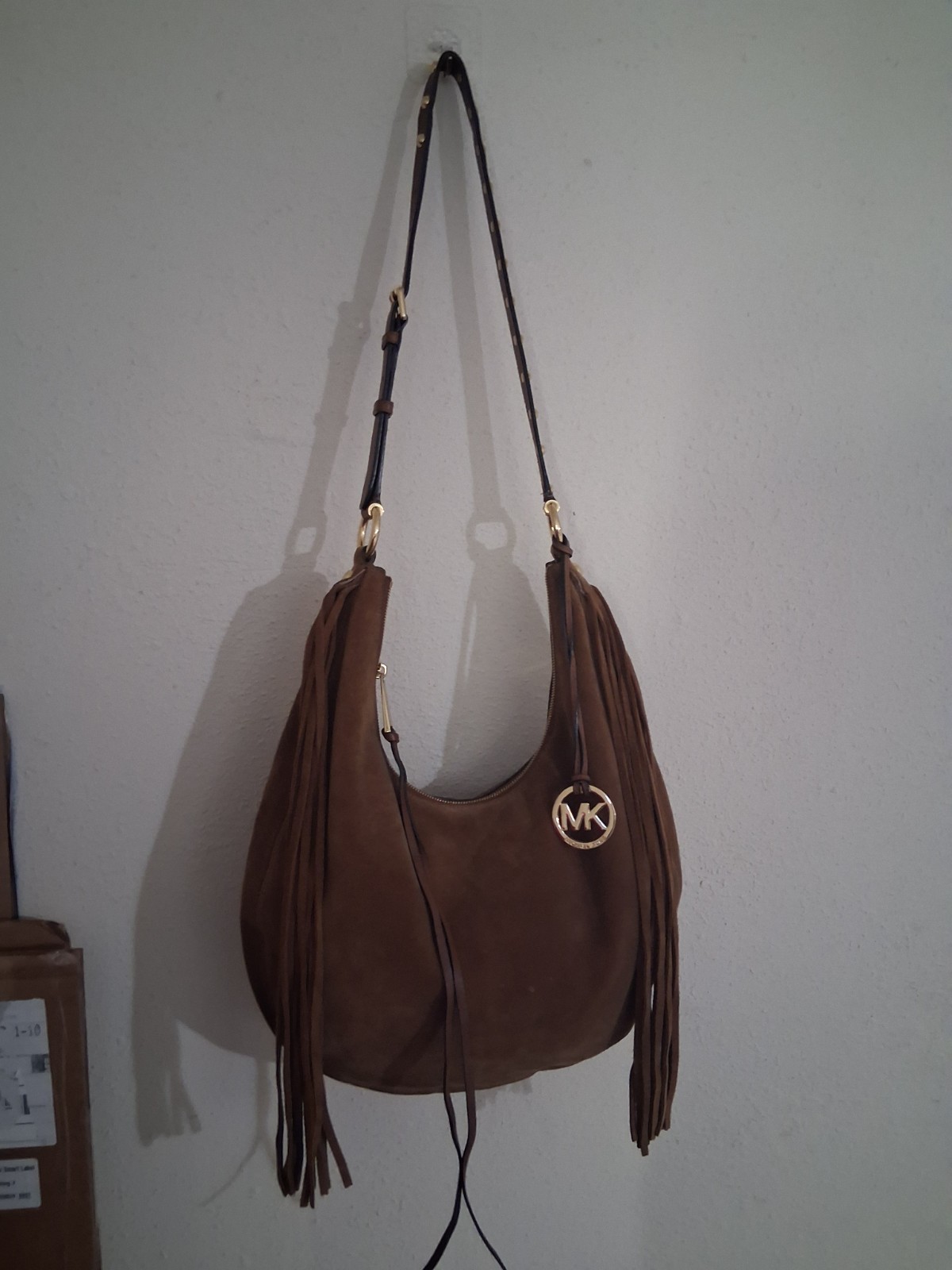 Michael Kors Rhea Crescent Shoulder Bag in brown Suede