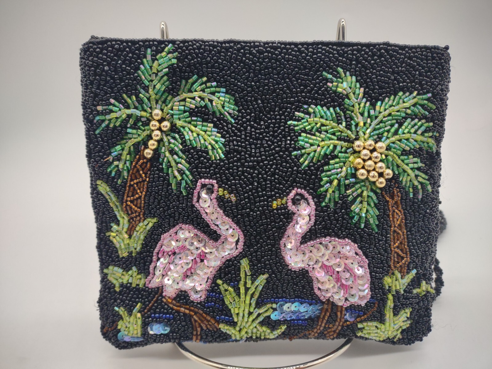 Indeed Fully Beaded Coin Purse Wallet Yellow w Pink Flamingo