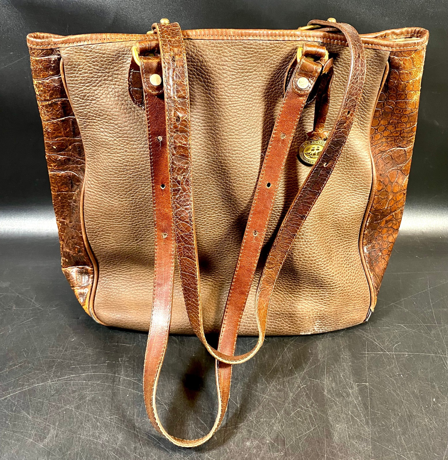 Vintage Brahmin Tote Bag ~ Cognac Brown Leather Alligator-embossed Side Panels