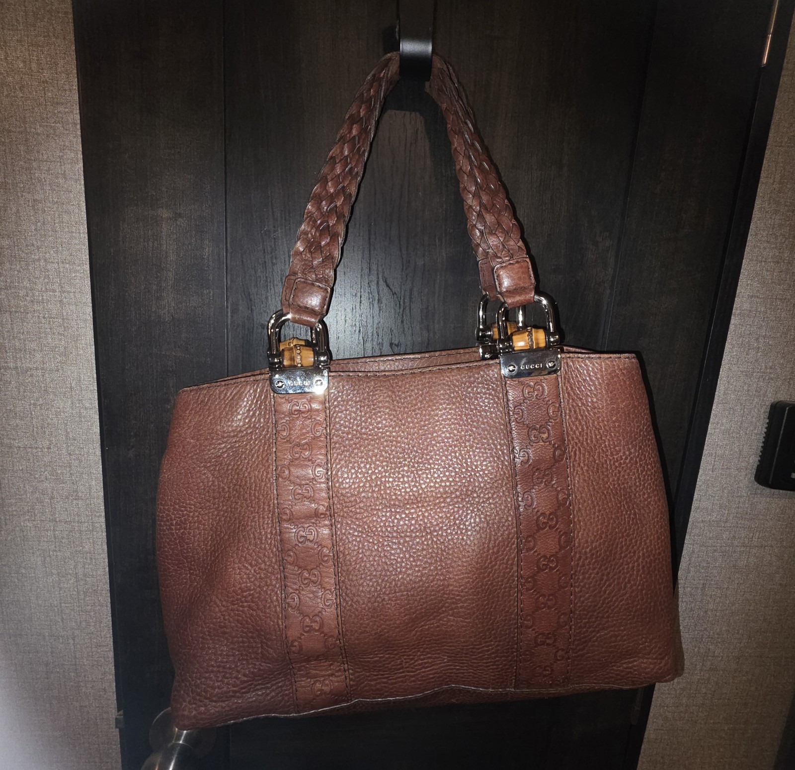 Gucci Brown Pebbled GG Pattern Shoulder Bag Braided Top Handle Silver HW