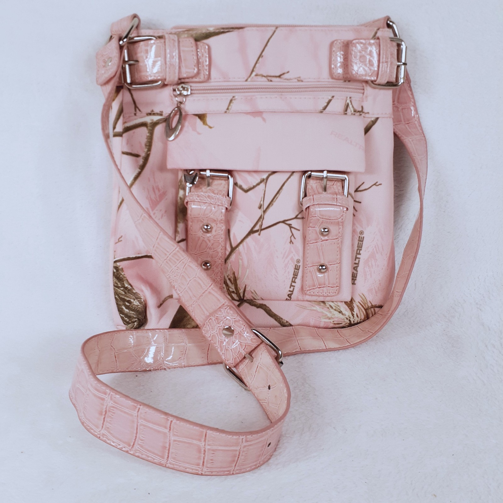 NEW 10 Inch Square Realtree Single Strap Pink Camo 9 Pocket Buckle Purse