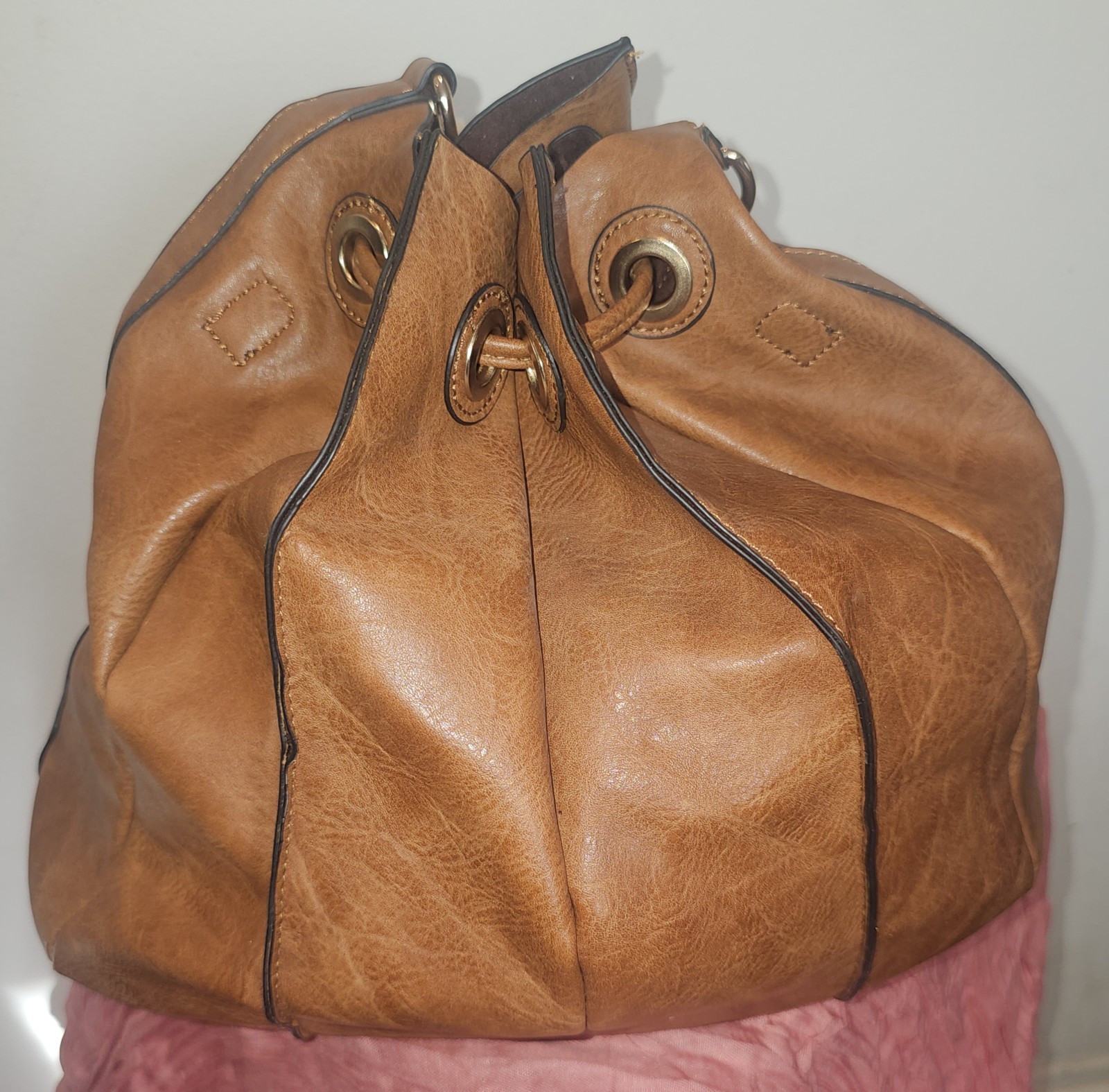 Brown Distressed Drawstring Bucket Bag Lined Gold Hardware Detachable Strap