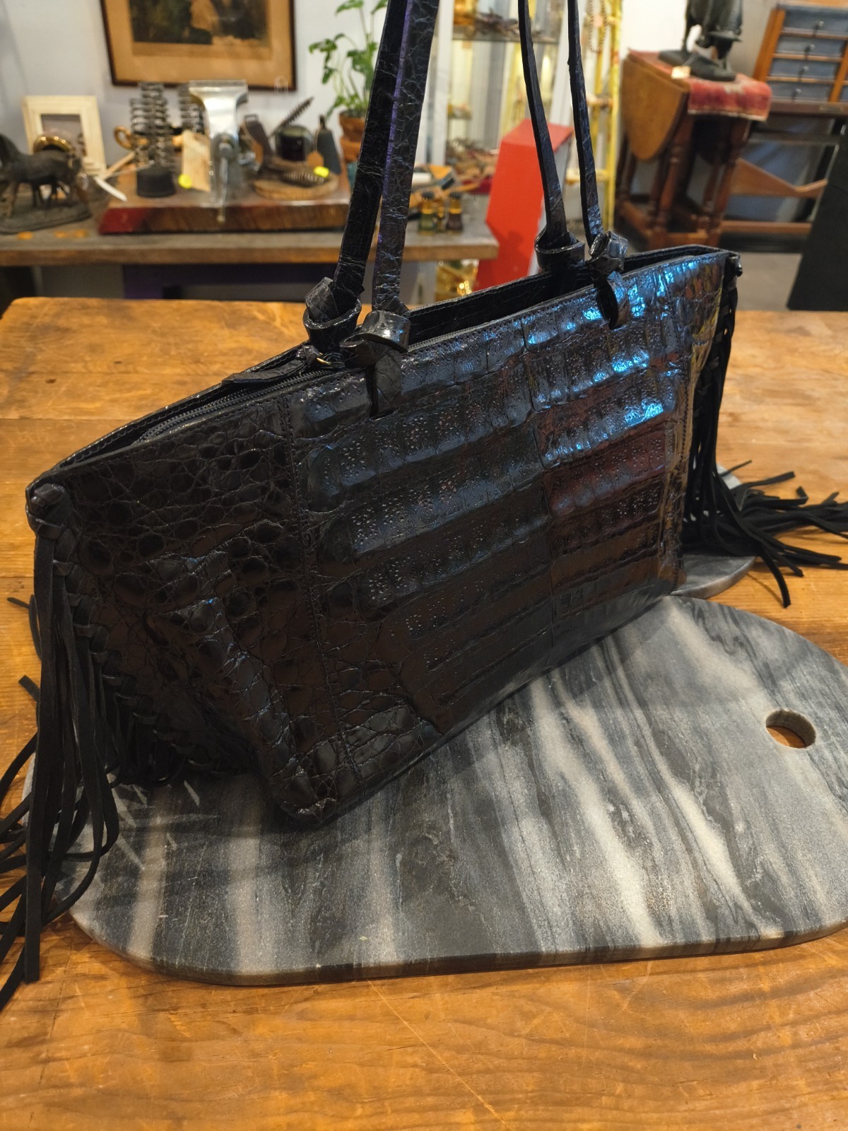 Vintage Black Authentic Colombian Crocodile Purse. Black Fringe Accents. Lovely.