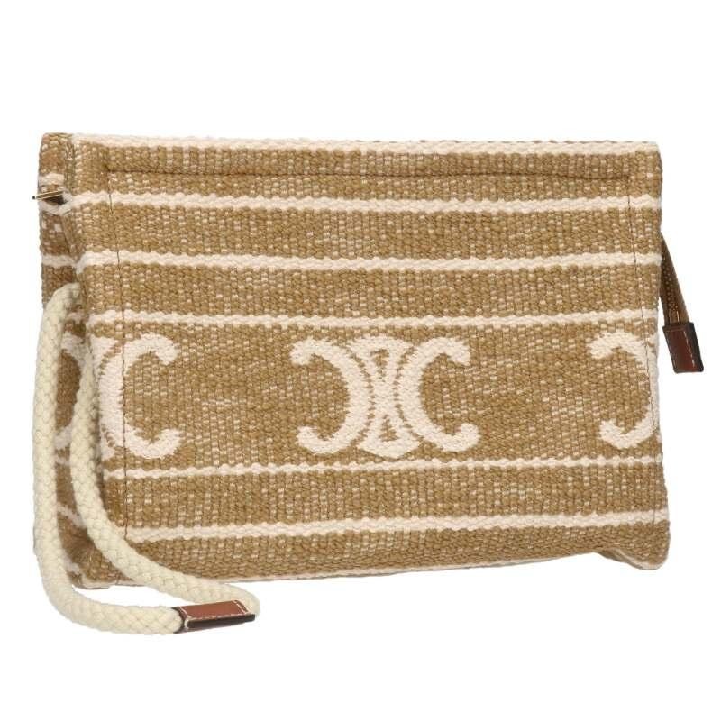 CELINE Bag: Triomphe Stripe Clutch Beige/White W23H17D10.5cm;