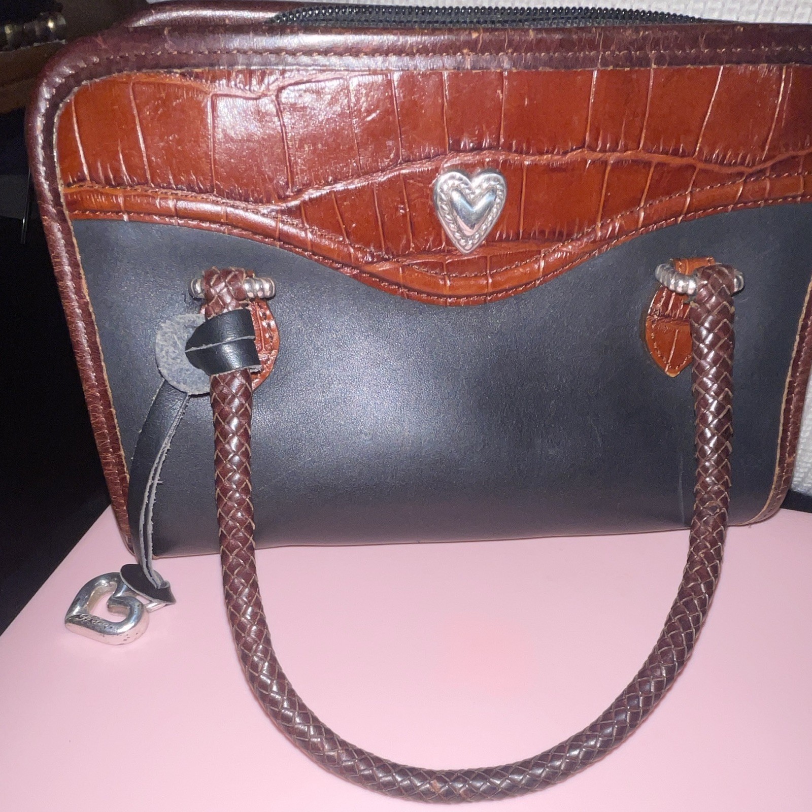 Brighton Black/Brown Small Satchel Top Handle Croc Embossed Heart Charm Zip
