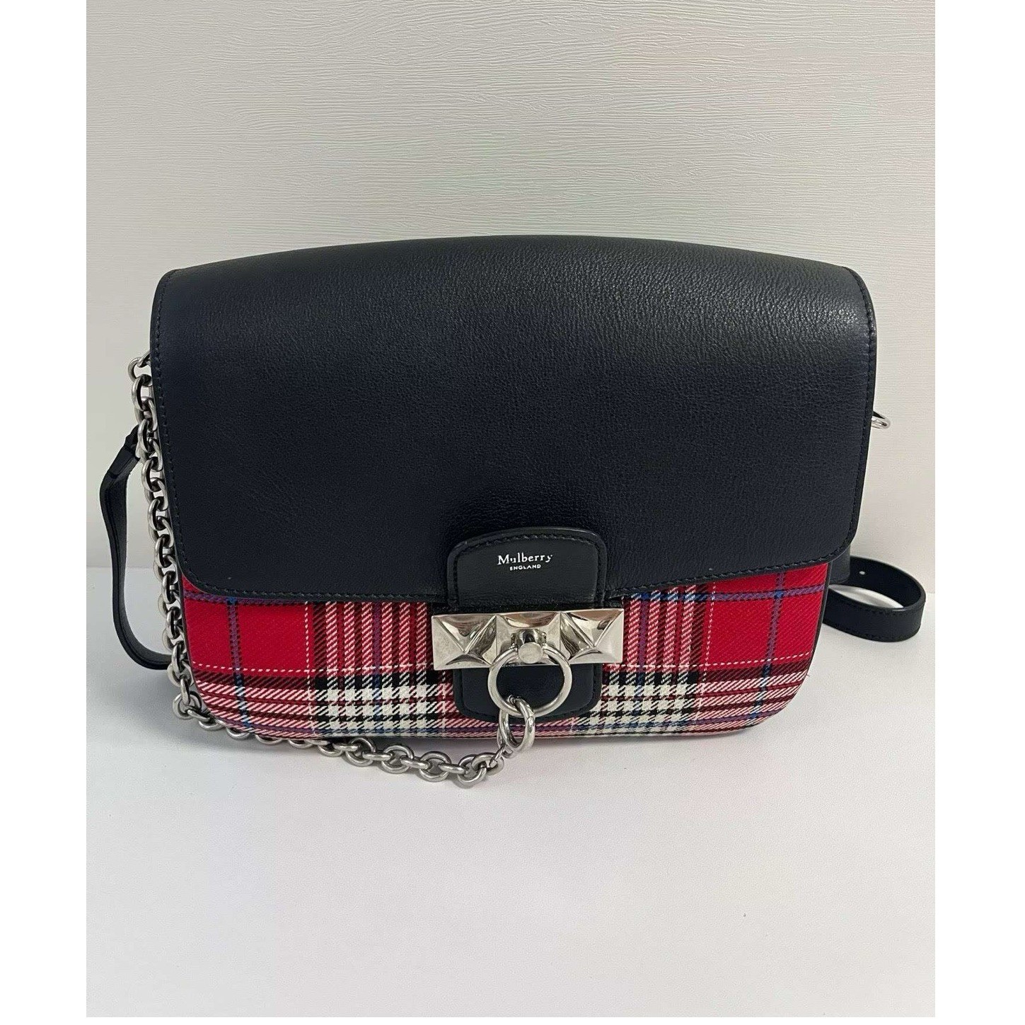 Mulberry Black Red Plaid Canvas Shoulder Bag with Silver Hardware & Push Lock