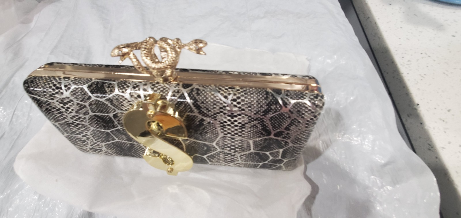 Snake Skin Two Snake Design Dollar $Sign Clutch Purse With Chain Strap