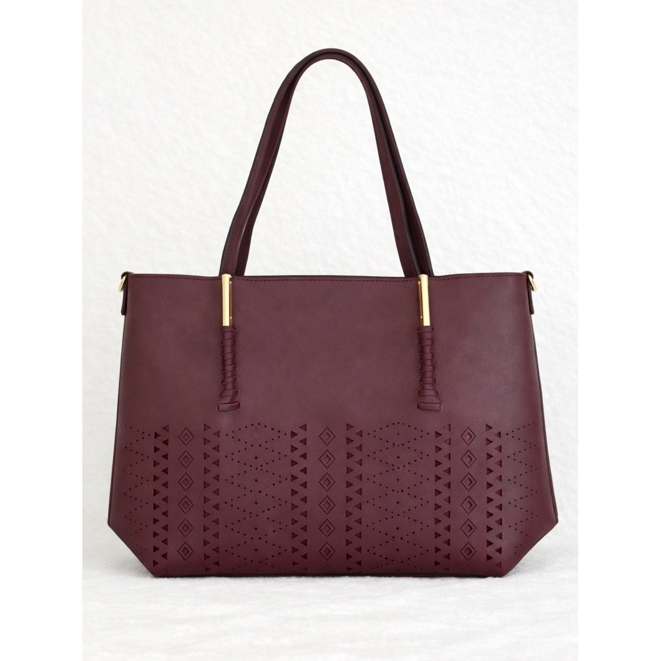 Burgundy Semi‑PU Tote Purse Structured Laser Cut Design Large Shoulder Bag