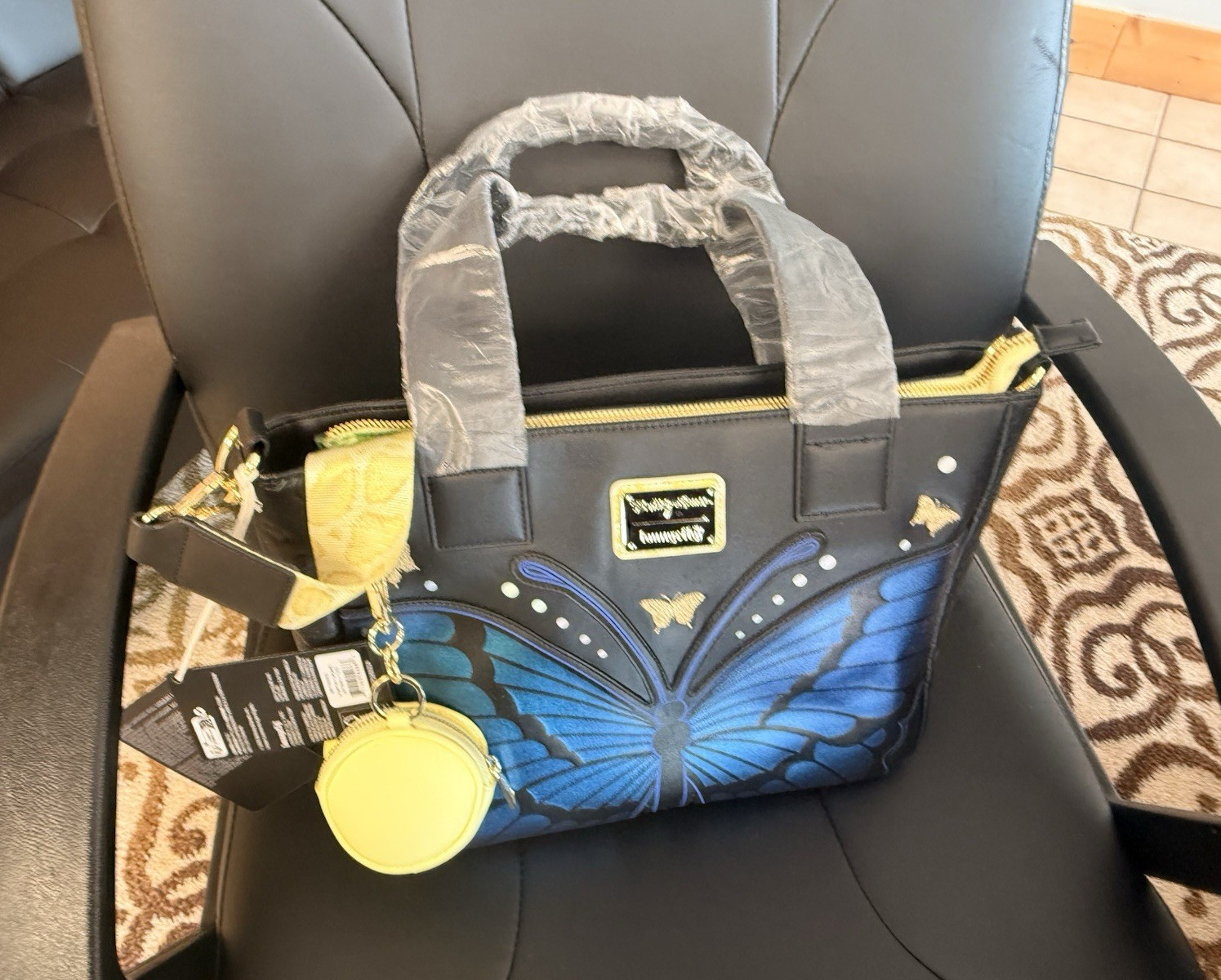 Loungefly Butterfly Satchel Top Handle Bag Black/Blue/Yellow w Strap & Charm
