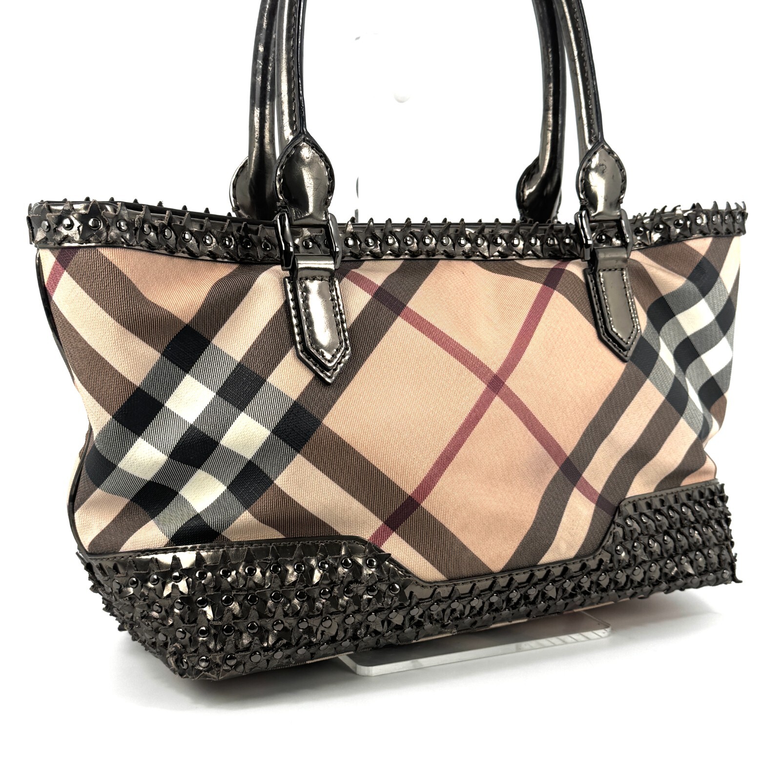 Rare Burberry Handbag Nova Check Metallic Leather PVC Coated Canvas