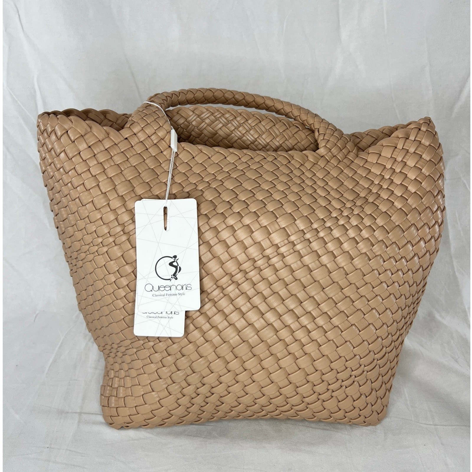 leather woven tote bag tan basket weave shoulder handbag queenoris NWT