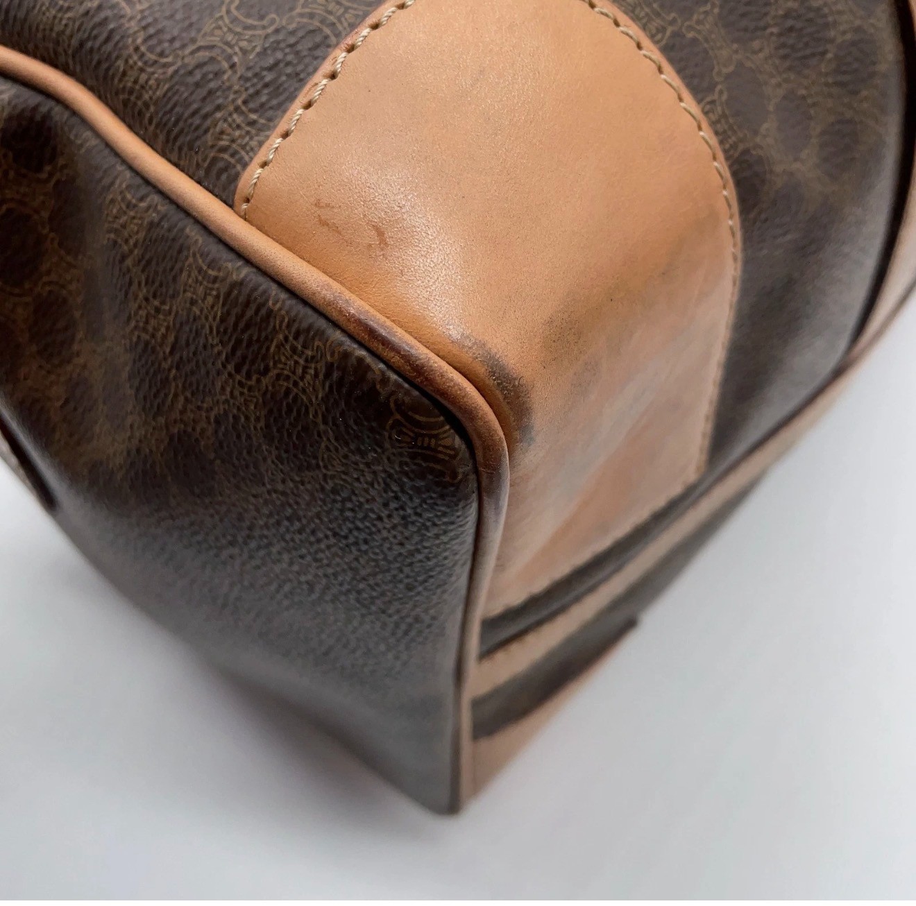 Authentic Celine Macadam pattern PVC leather brown Boston bag 40 w/Padlock