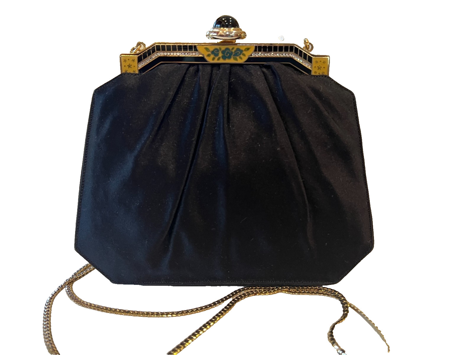 Vintage Judith Leiber Black Satin Antique Gold Sparkle Crystal Top Clutch