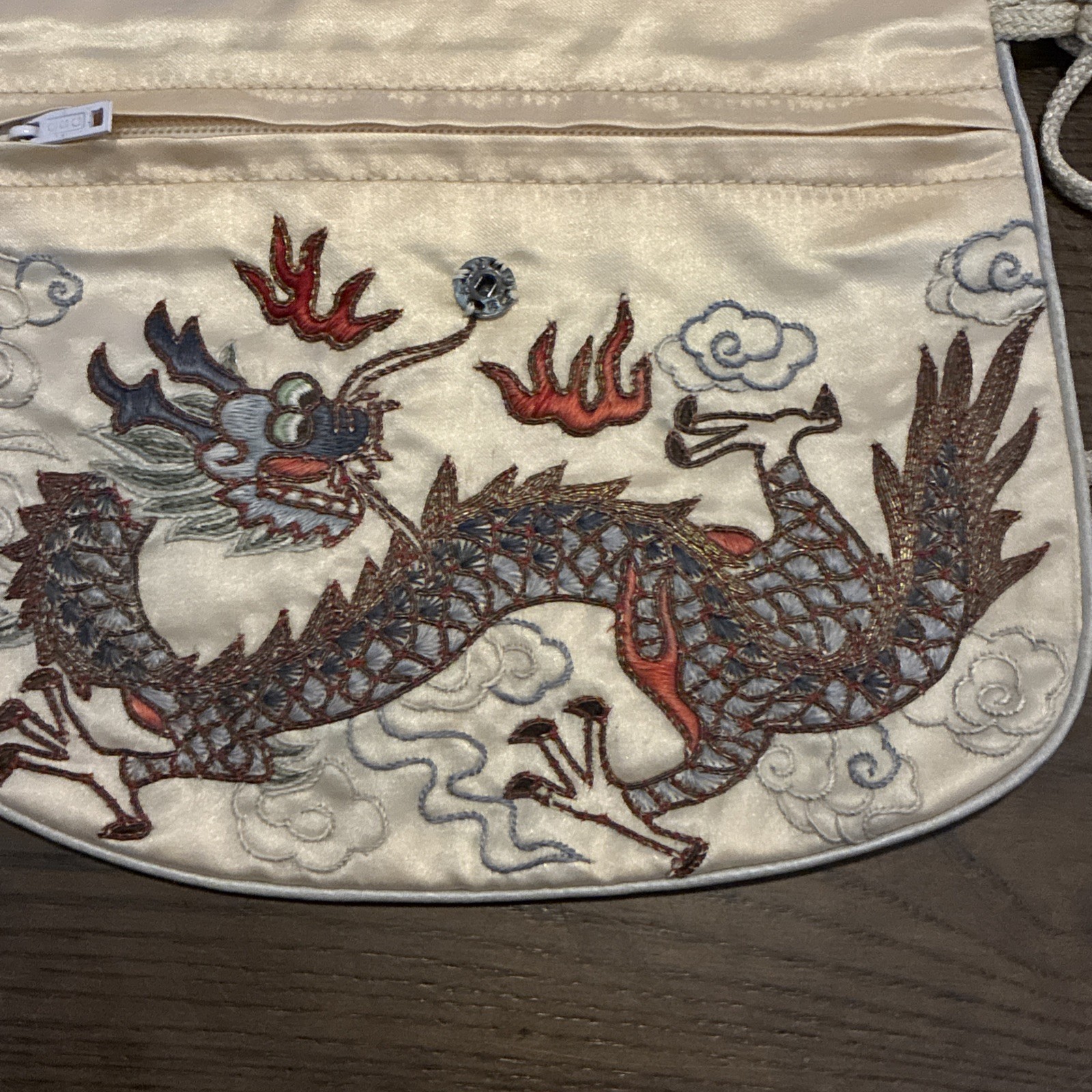 Vintage Chinese Asian Style White Silk Dragon Embroidered Mini Crossbody Purse