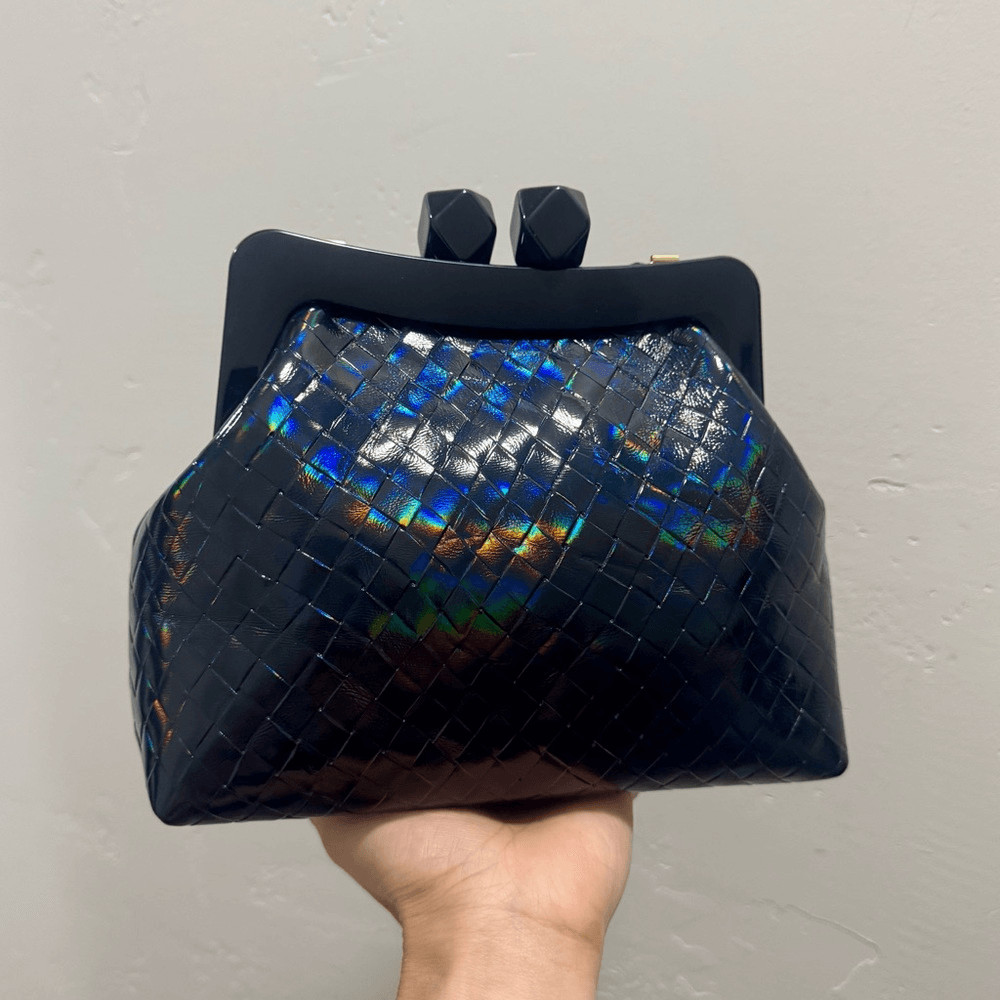 Iridescent Embossed Leather Handmade Candy” Kisslock Acrylic Frame Clutch Bag