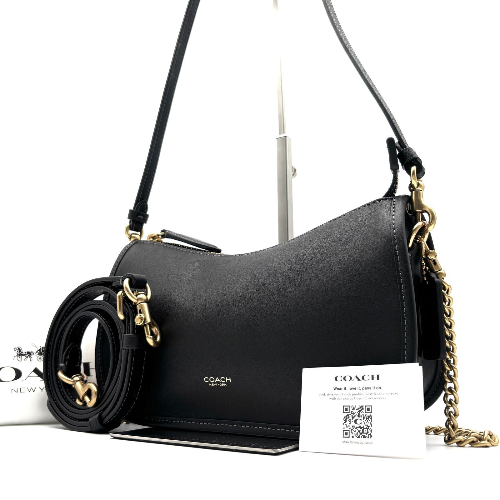 Coach Waverly 3 Way Black Leather Crossbody Bag Chain Auth From Japan