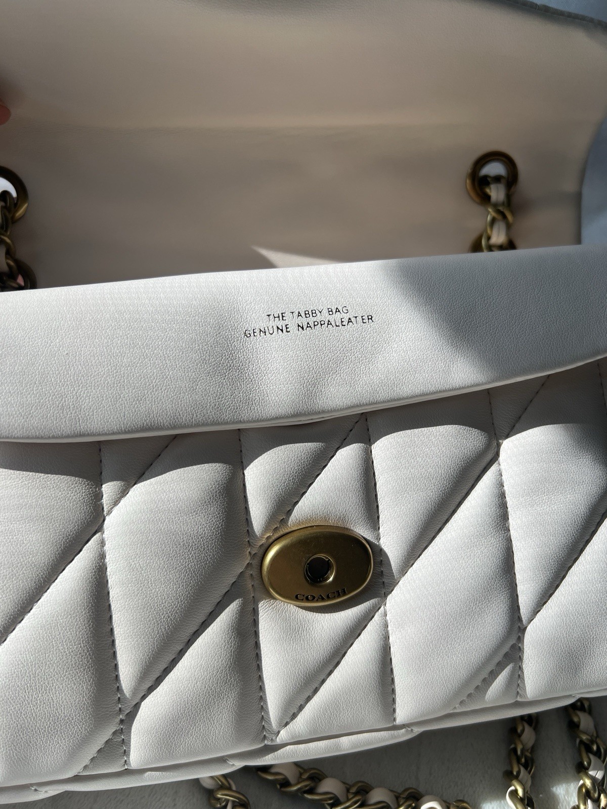 Coach Tabby White Quilted Crossbody Bag Gold Chain Strap Push Lock Detach
