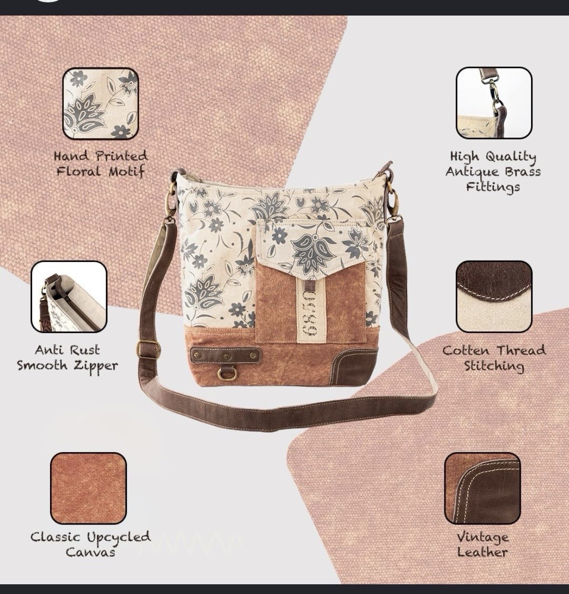 3B Medium Floral Printed Crossbody Bag Beige/Brown Zip 2Adjustable Strap Vintage