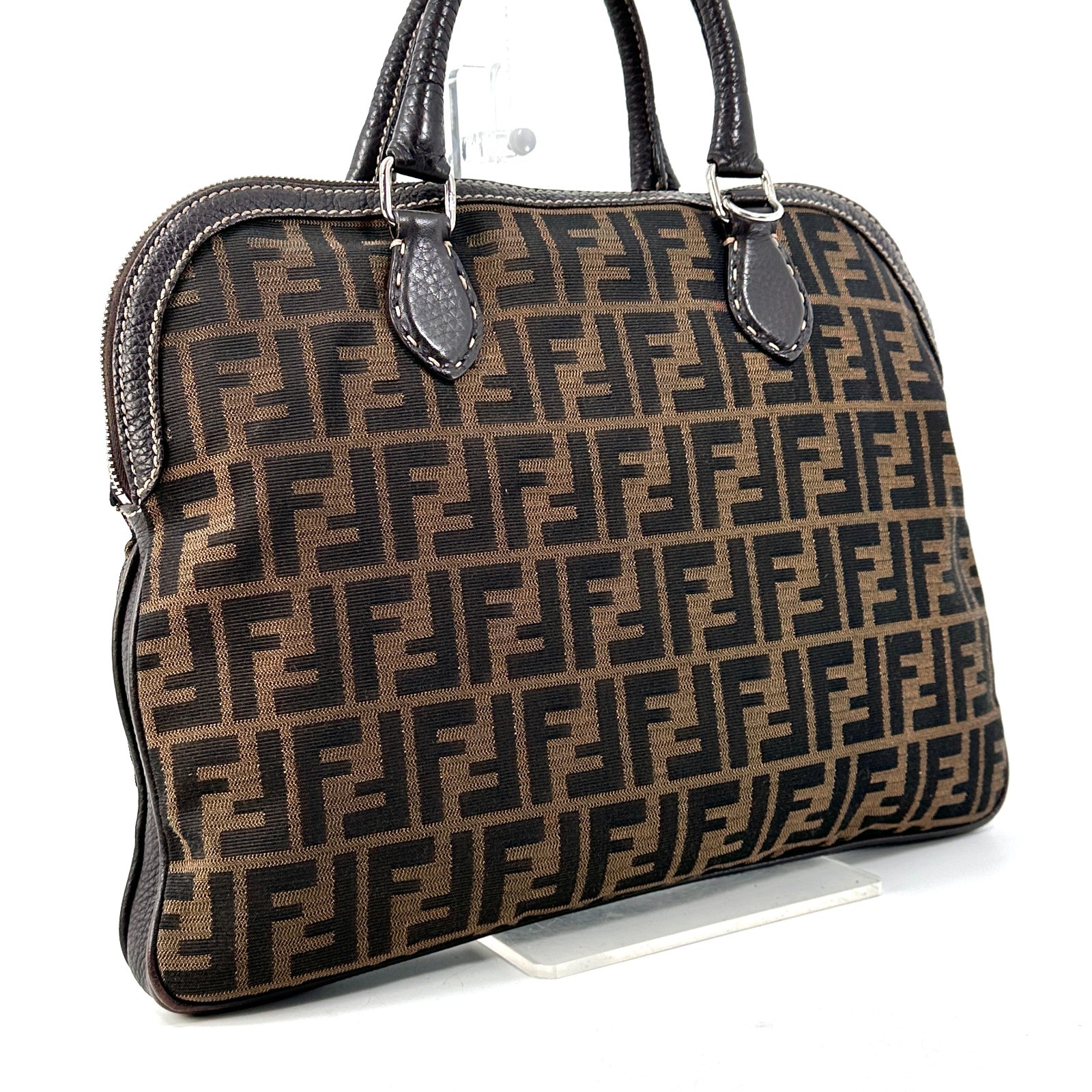 Fendi Hand Bag Zucca Canvas Selleria Leather Authentic 400T0373