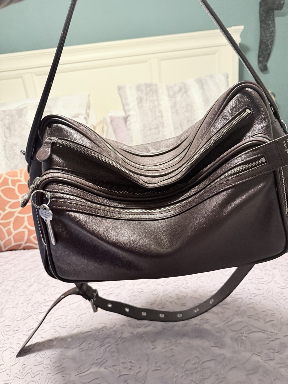 Acne Studios Brown Large Shoulder Bag Zip Closure, Detachable Strap, Silver