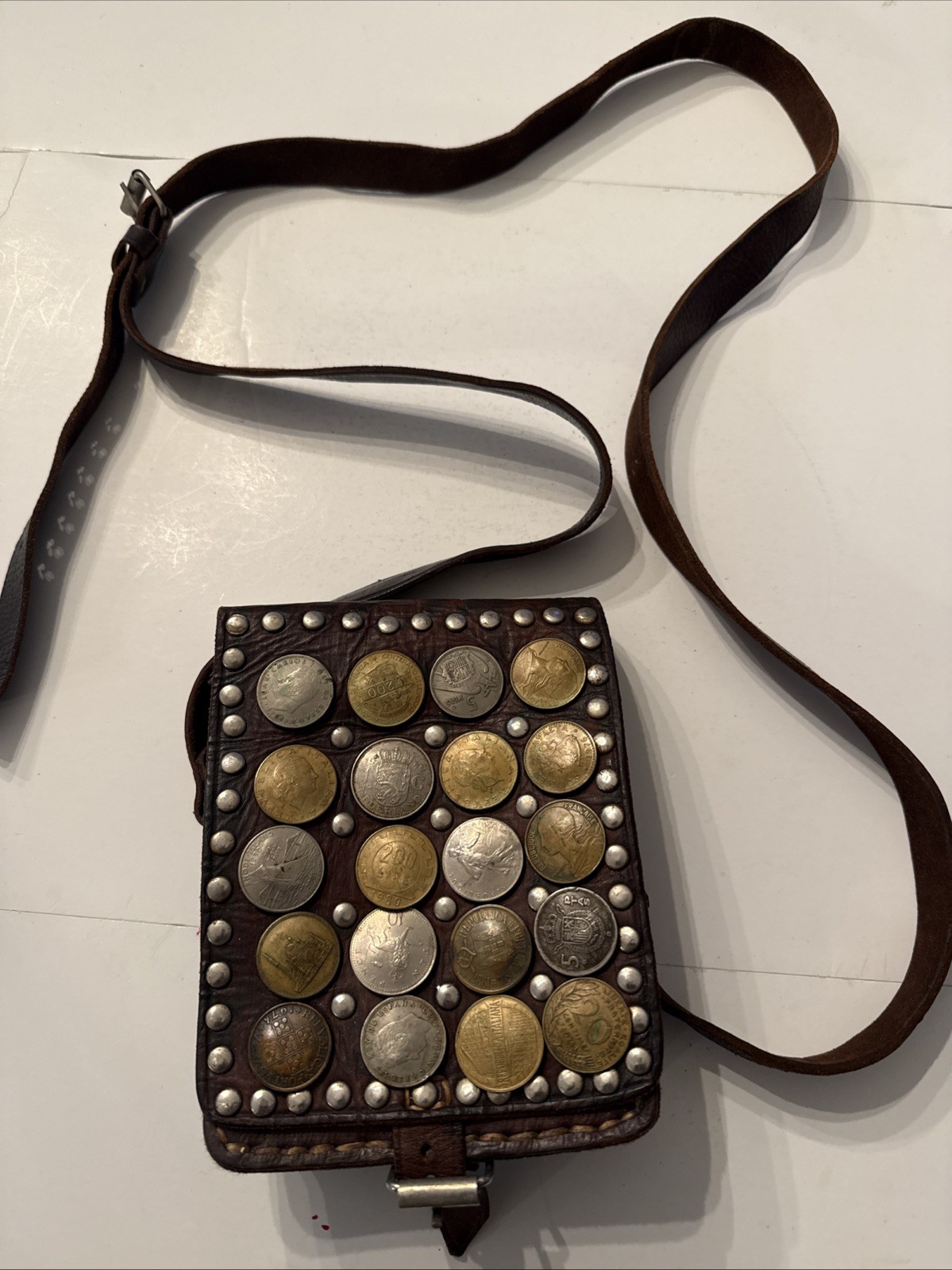 Vintage Moroccan Leather Crossbody Bag w/ Coins & Studs Boho Water Style