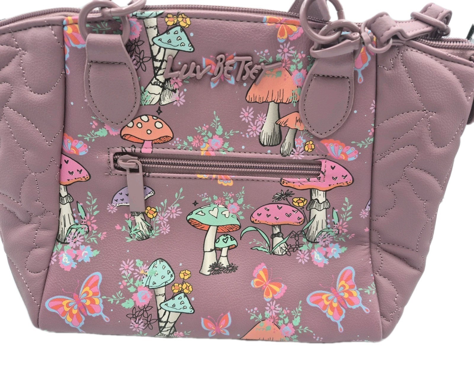 LUV BETSEY JOHNSON PURPLE PURSE Butterflies Mushrooms 10x9x4 NEW & TAG