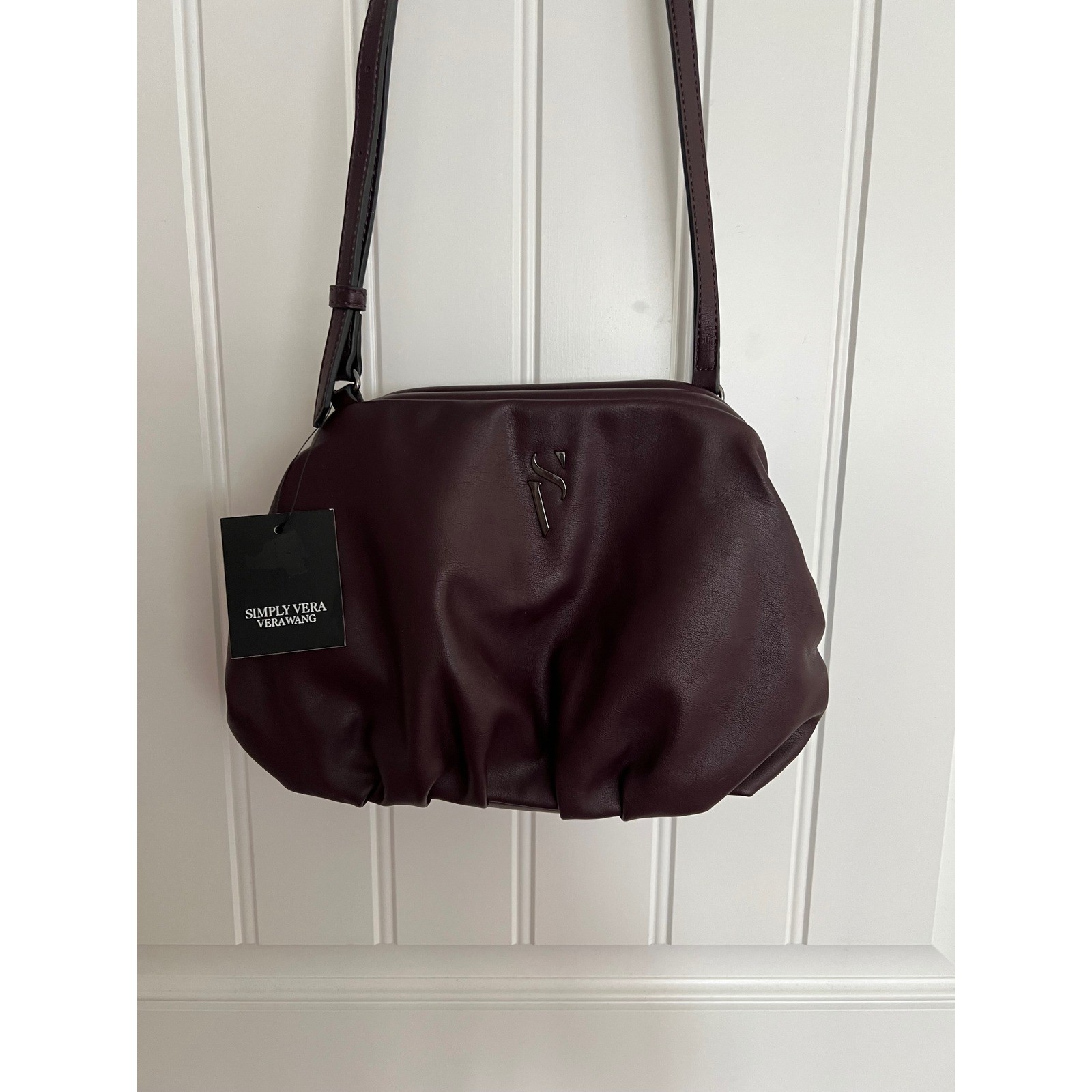 Simply Vera Vera Wang Burgundy Ruched Cloud Crossbody Bag Faux Leather Plum NEW