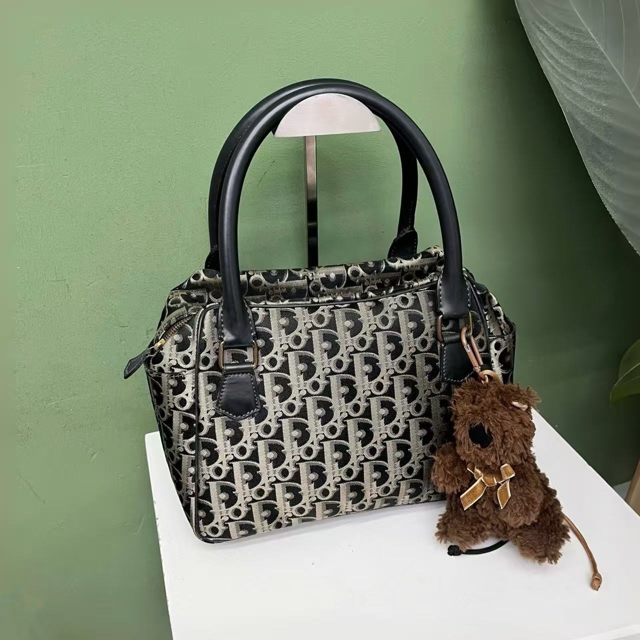 Dior Oblique Jacquard Canvas Top Handle Mini Boston Handbag