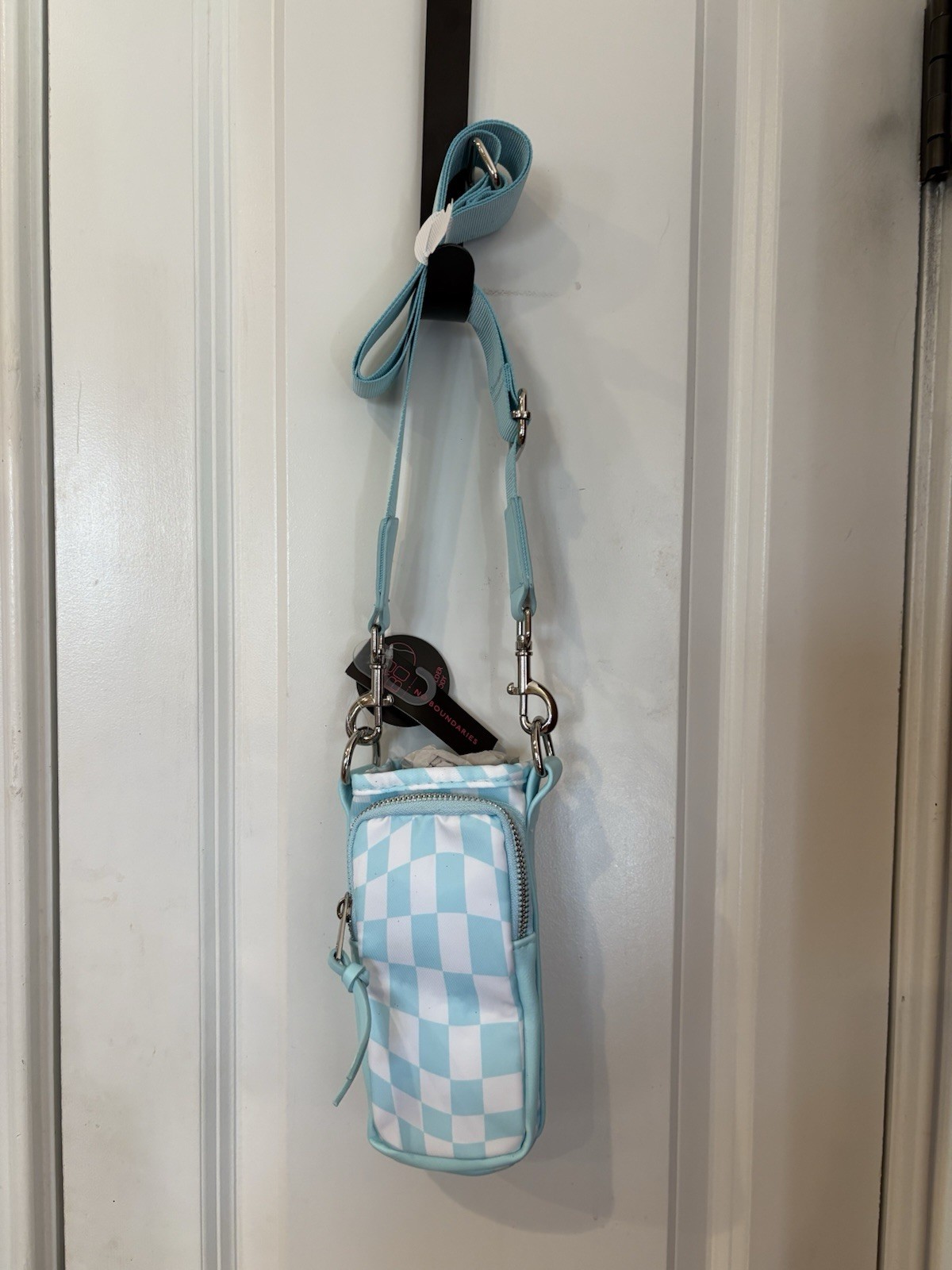 NoBo Bottle Carrier Blue Check Zipper Adjustable Strap Holder Crossbody Bag TR30