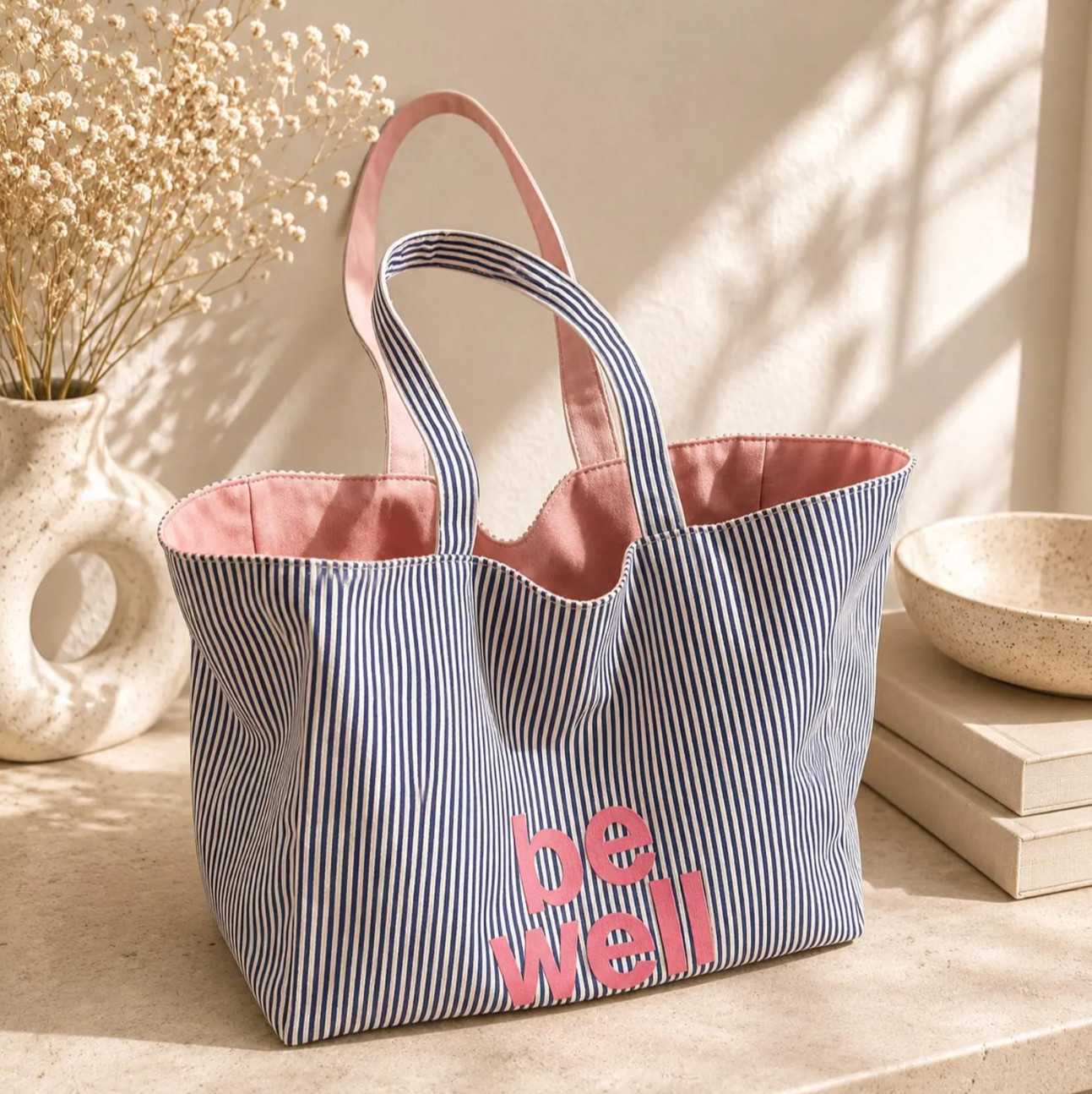 Large Blue Canvas Tote Bag Women Shoulder Bag Striped Travel Beach Shopper Purse
