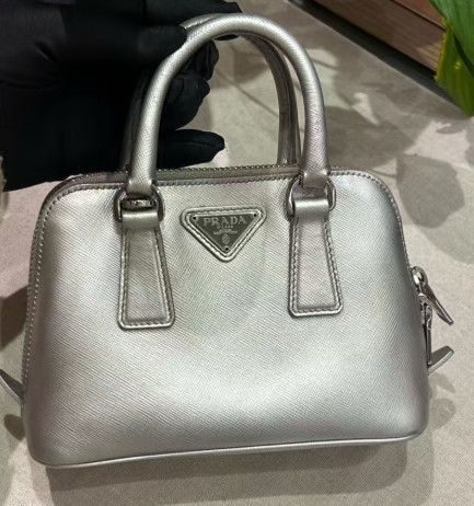 Prada Mini Saffiano Leather Bag Silver 18cm Gold Hardware AUTH USA