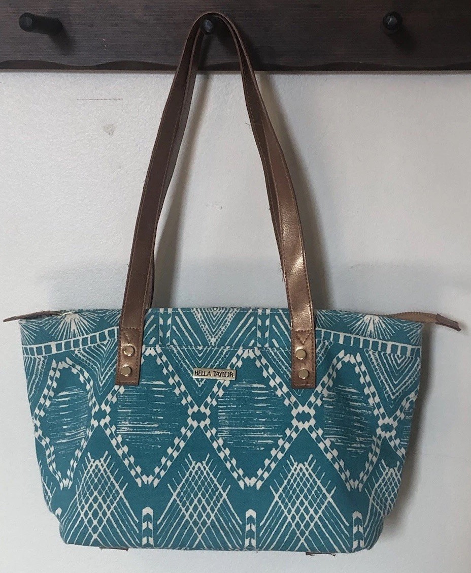 Bella Taylor Teal Aztec Canvas Shoulder Bag Straps 100% Cotton Beachy Boho Purse