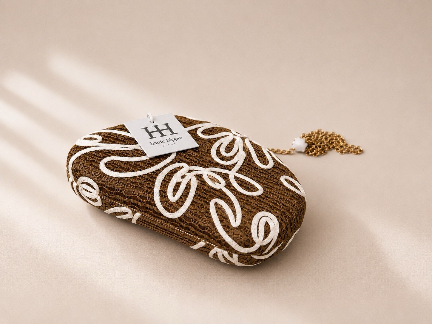 Haute Hippie | Brown/white Embroidered Cork Crossbody Clutch