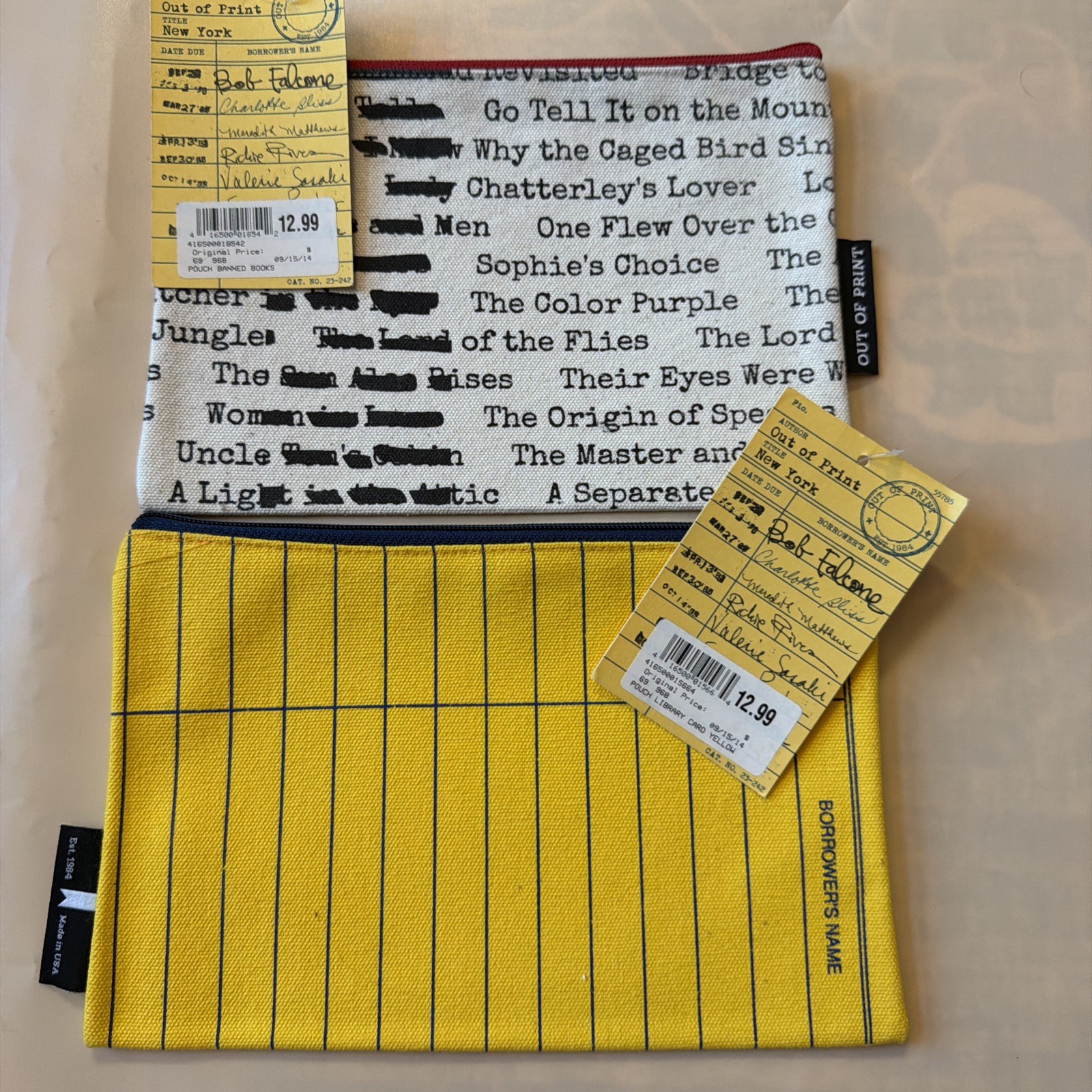 Out of Print Library Card & Banned Books Canvas Zipper Pouch Lot of 2 NWT USA