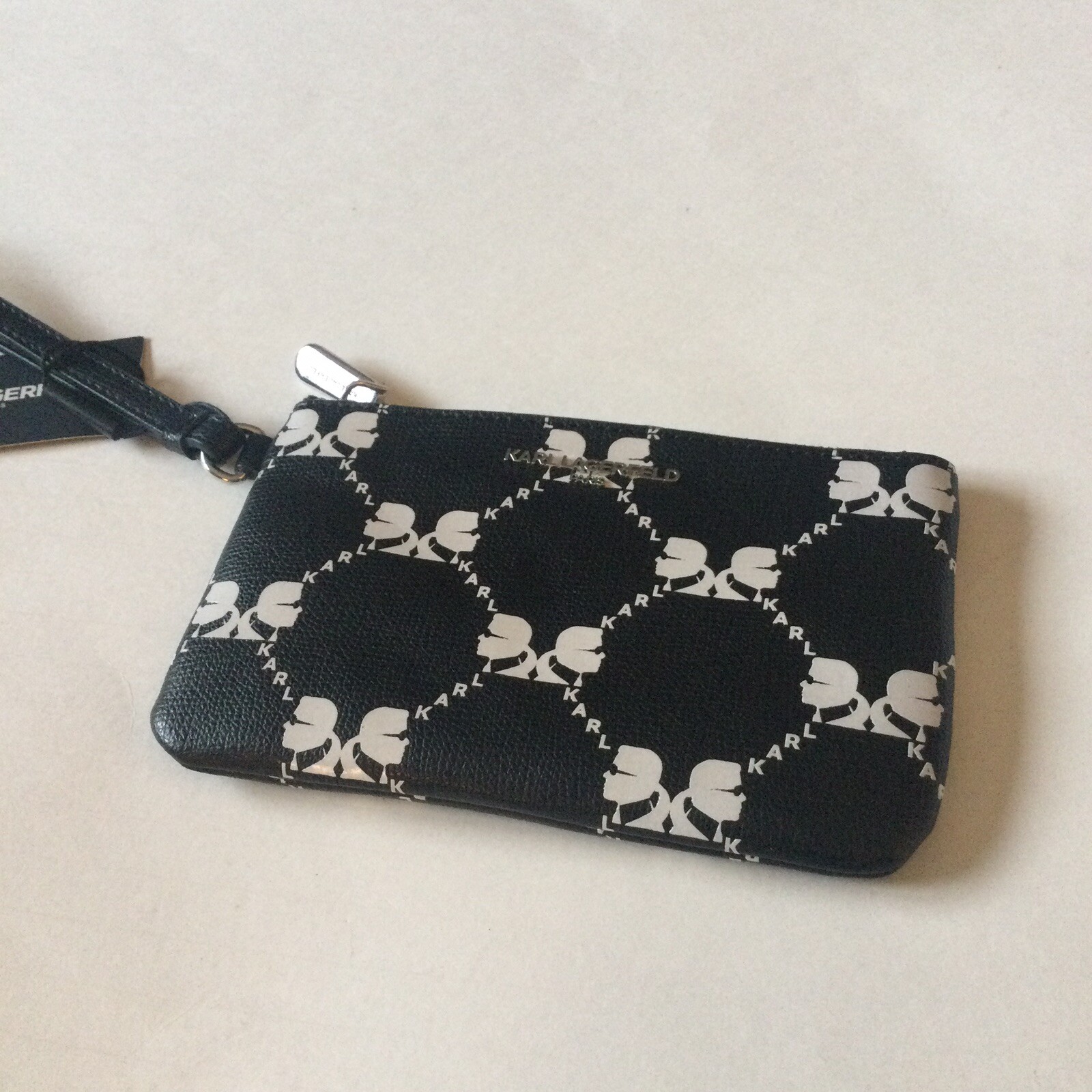 KARL LAGERFELD ADELE POUCH ZIP WRISTLET BAG BLACK WHITE LOGO PRINT NWT