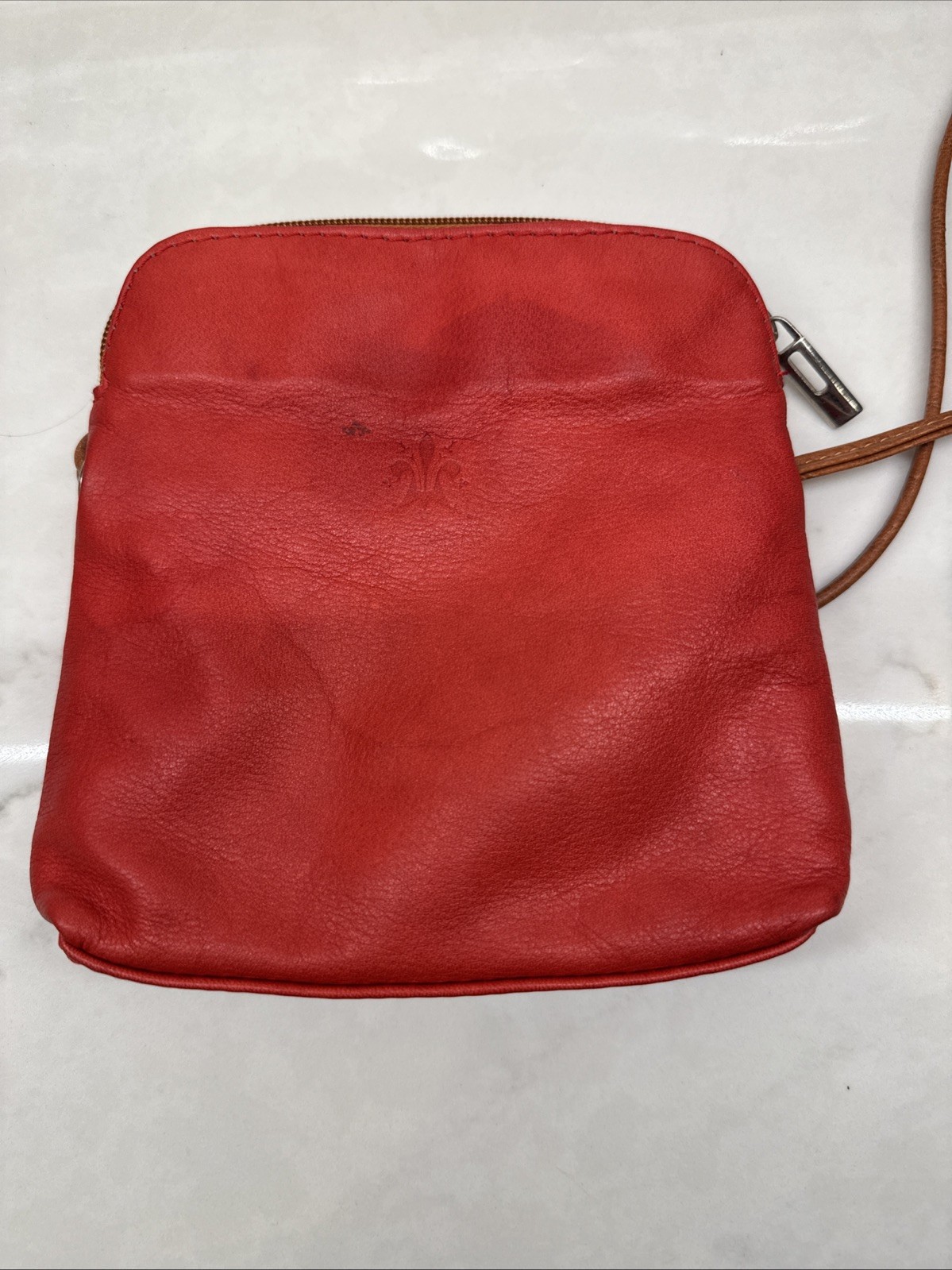 Small Red Leather Crossbody Purse With Brown Trim