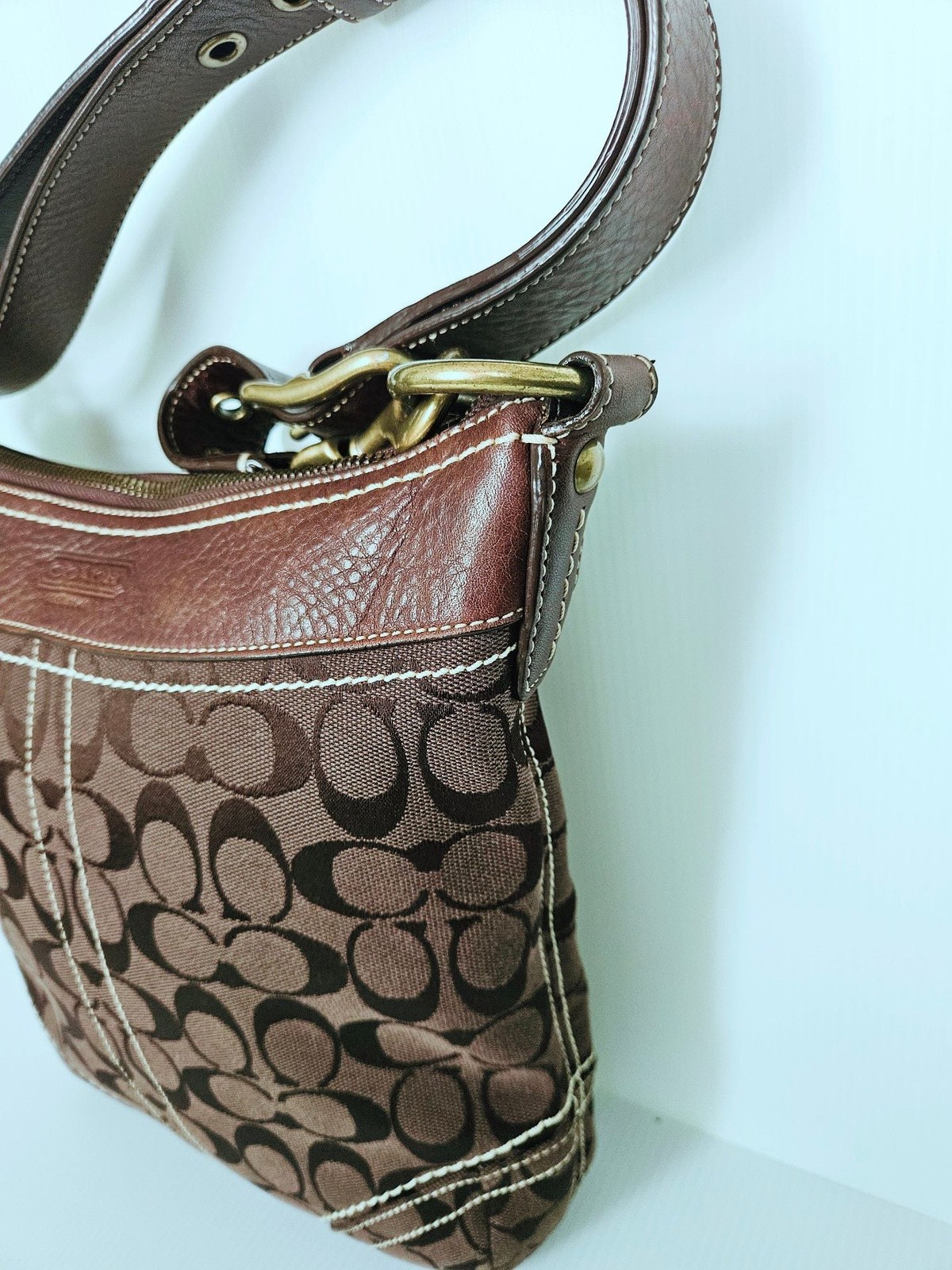 Vintage Coach Signature Brown Canvas and Leather Hobo Shoulder Bag 10403