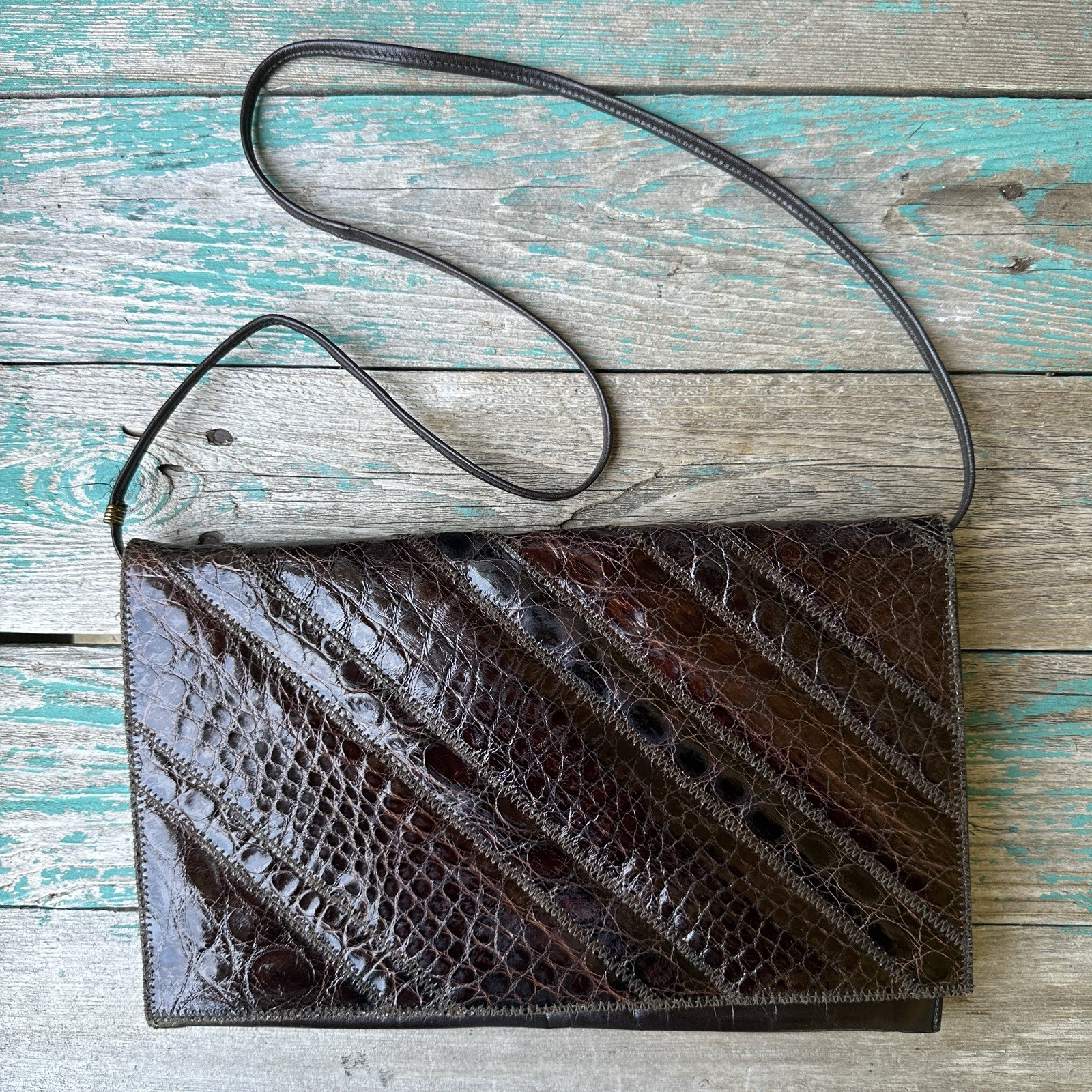 Vintage Varon Shoulder Bag Purse 11×6.75 Inch Brown Crocodile Leather Handmade