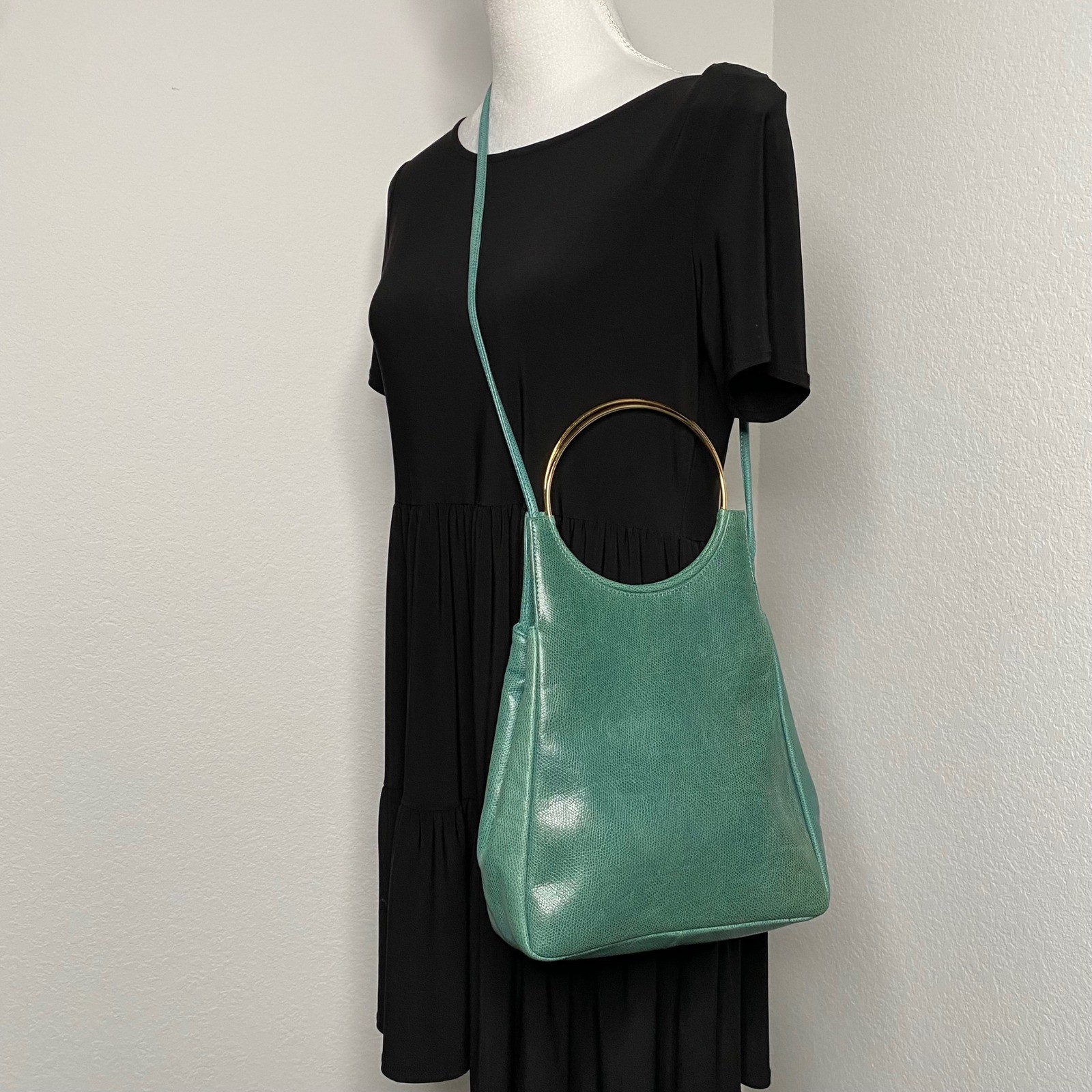 VTG Susan Gail Teal Textured Leather Ring Handle Shoulder Bag & Matching Pouch
