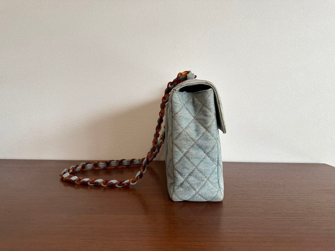 CHANEL 1998 Denim Jumbo Matelasse Flap Bag Tortoise Chain Blue Bag 11.8 in VTG