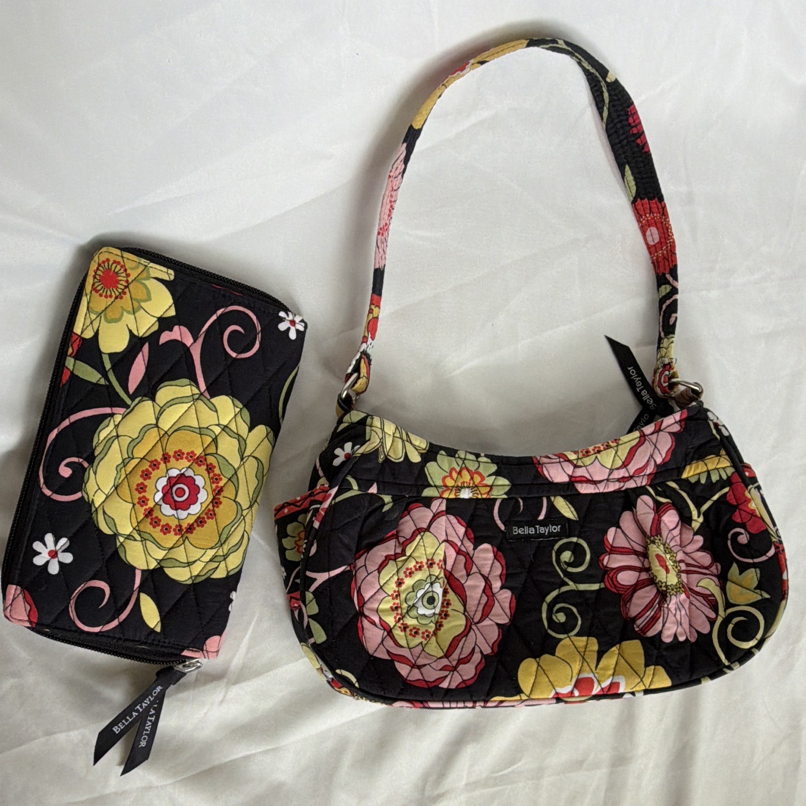 Bella Taylor Floral Quilted Crescent Bag w/ Zip Closure & Zip Wallet