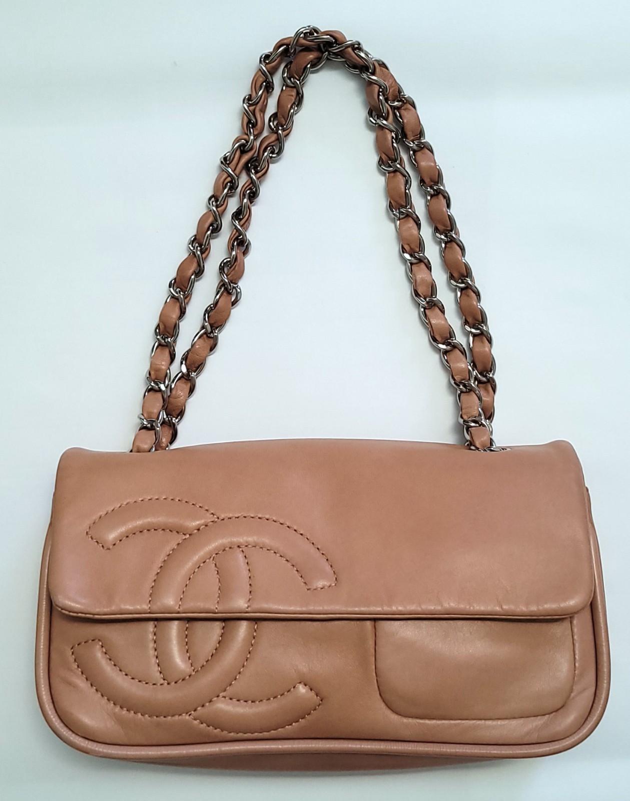 CHANEL Flap Bag Orange Tan Calfskin Chain Strap East West Shoulder NWT Box
