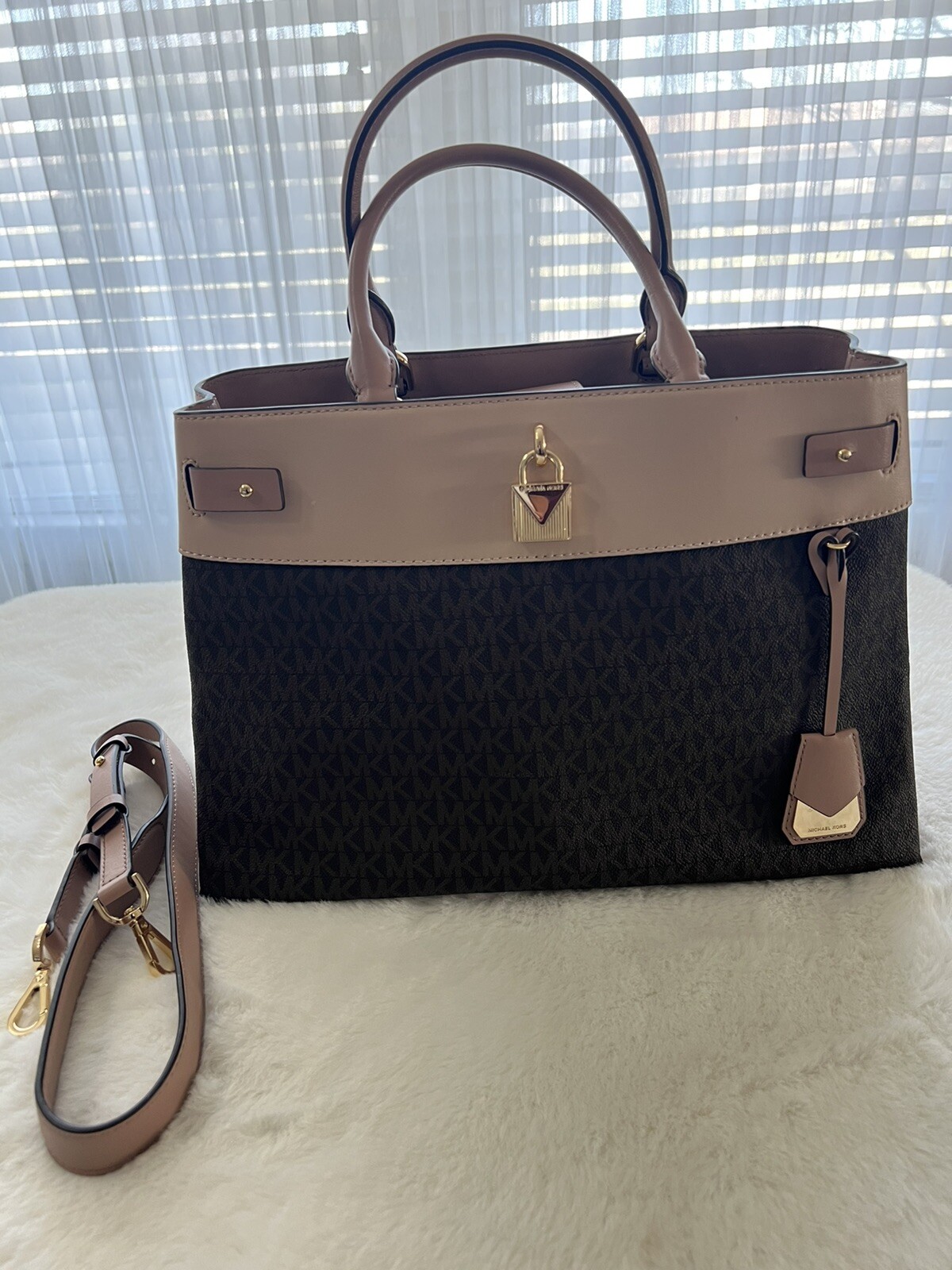 MICHAEL KORS LOGO SATCHEL BAG BROWN/SOFT PINK