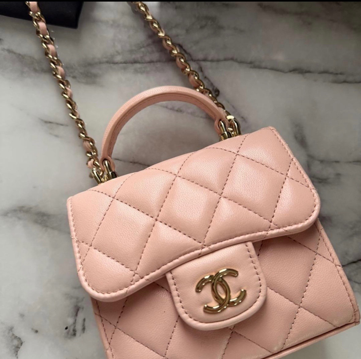 CHANEL Mini Top Handle Flap Bag Quilted Baby Pink Lambskin Gold Hardware