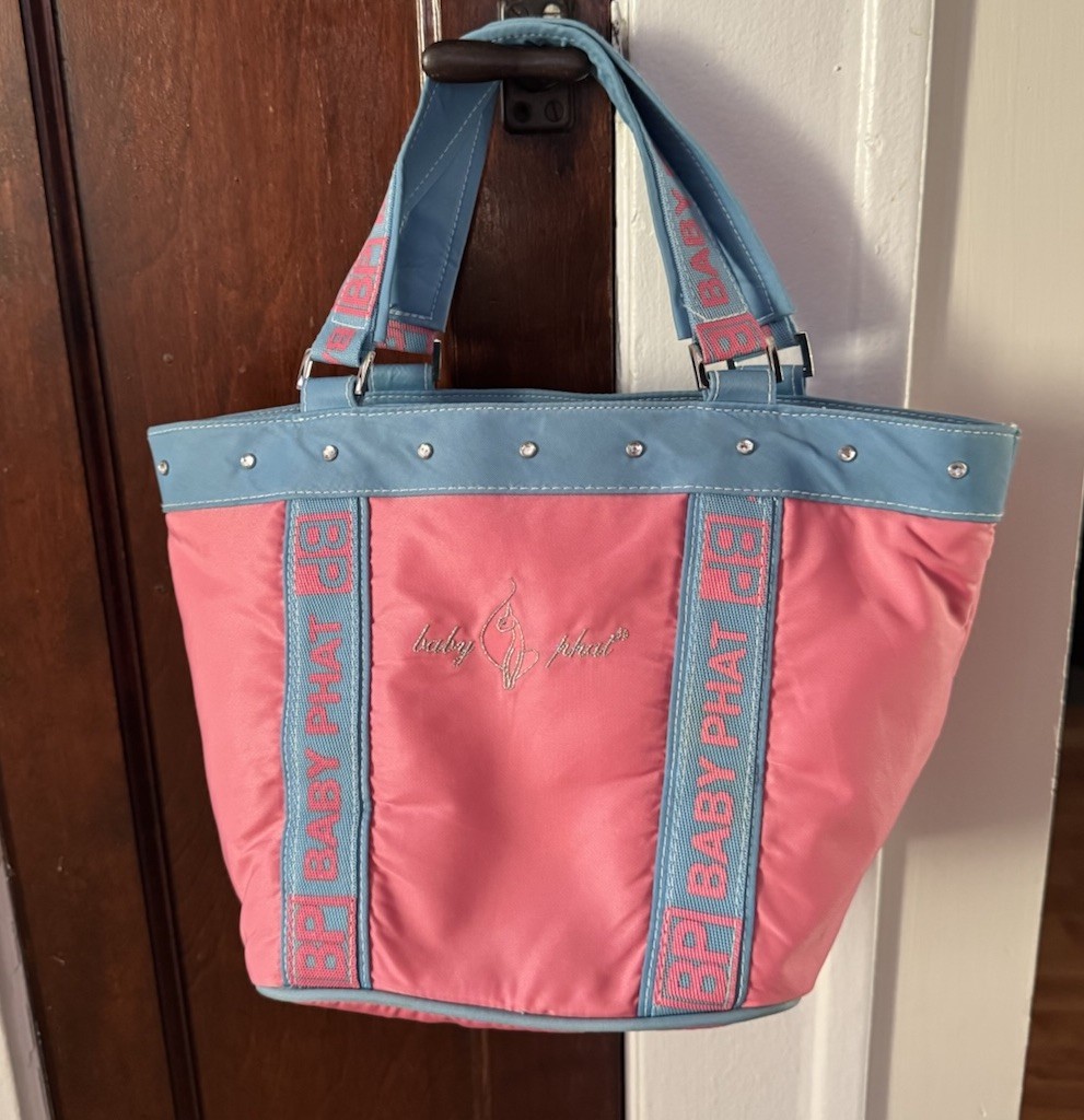 Vintage Y2K Baby Phat Pink Baby Blue Mini Tote Bag Purse Zipper Rhinestone 2000s