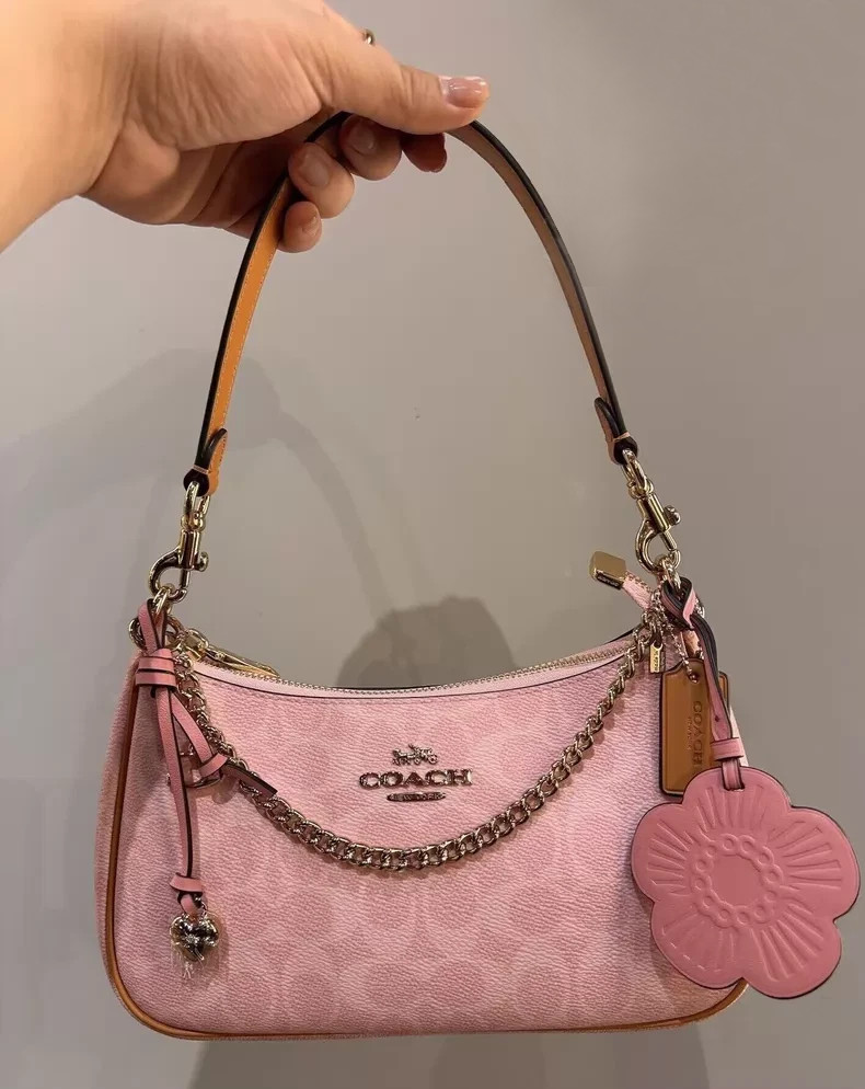 NWT Coach Teri Shoulder Bag Signature Canvas With Charms Gold/Powder Pink CEA20