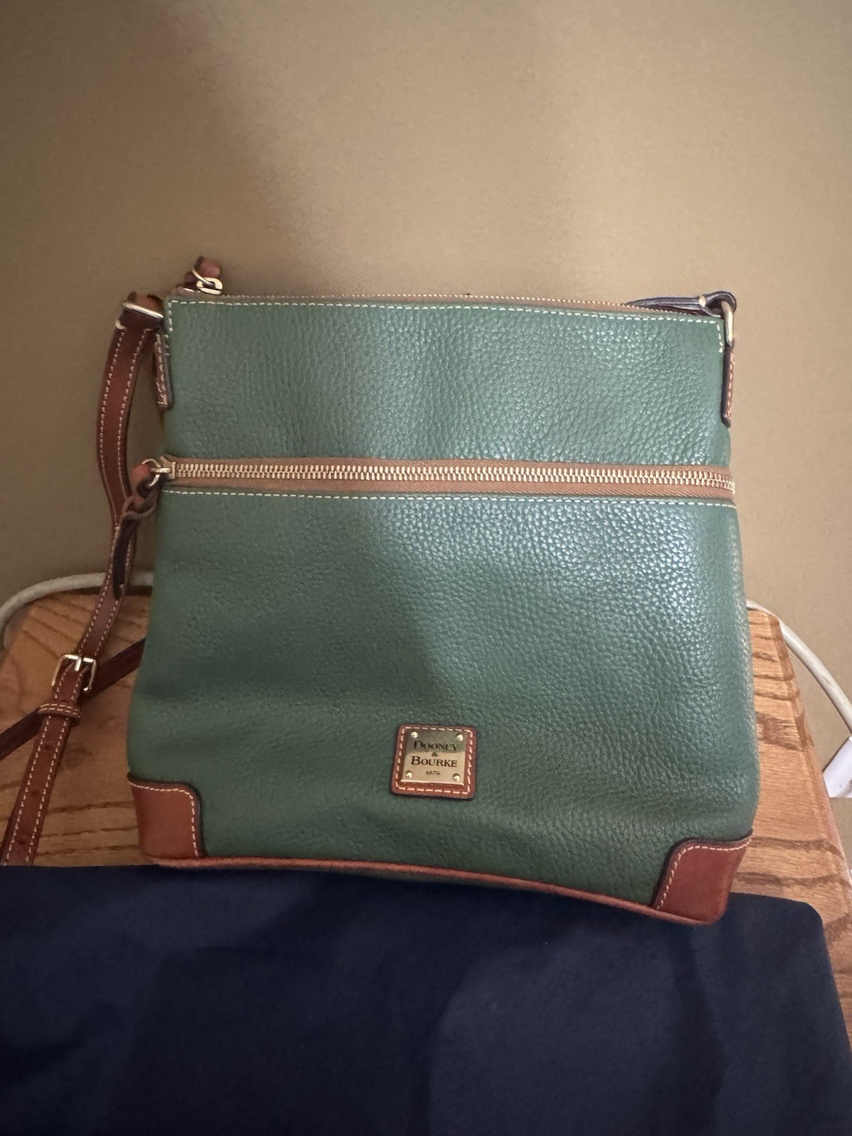 Dooney & Bourke Sage Green Crossbody Bag Brown Strap Zip Gold Dust Bag