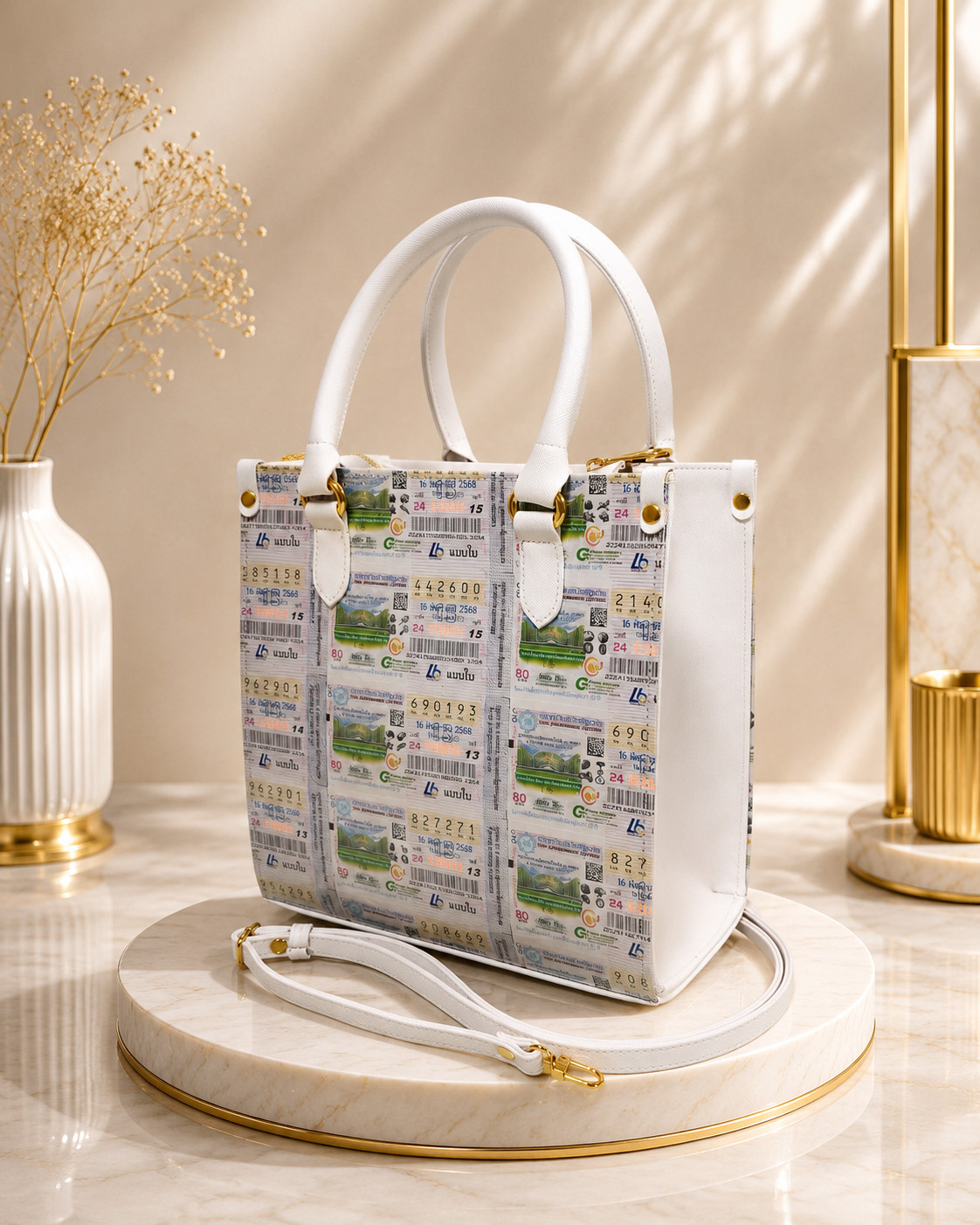 Handmade Thai Lottery Ticket Handbag – White Edition